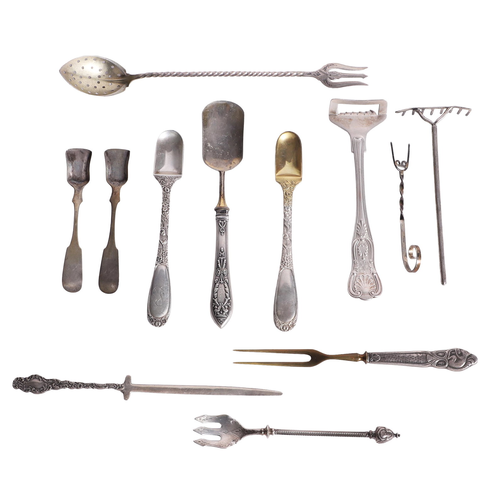 (12) Silver Specialty Utensils: (12) Silver Specialty Utensils (12) Silver specialty utensils including a corn scraper, baby feeding spoons, letter opener and more. (6) are marked sterling silver with the others coin, silver plate, 