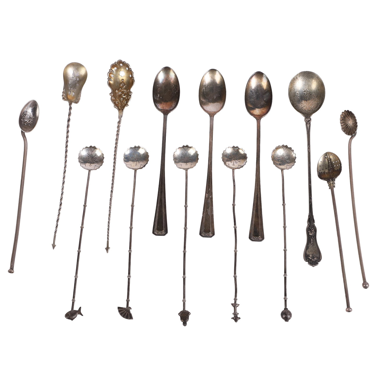 (14) Silver Drinks Spoons: (14) Silver Drinks Spoons (14) Silver drinks spoons in a variety of designs featuring a set of (5) Chinese 950 sterling stirrers with sawtooth etches and various caps at the end, weighed separately at