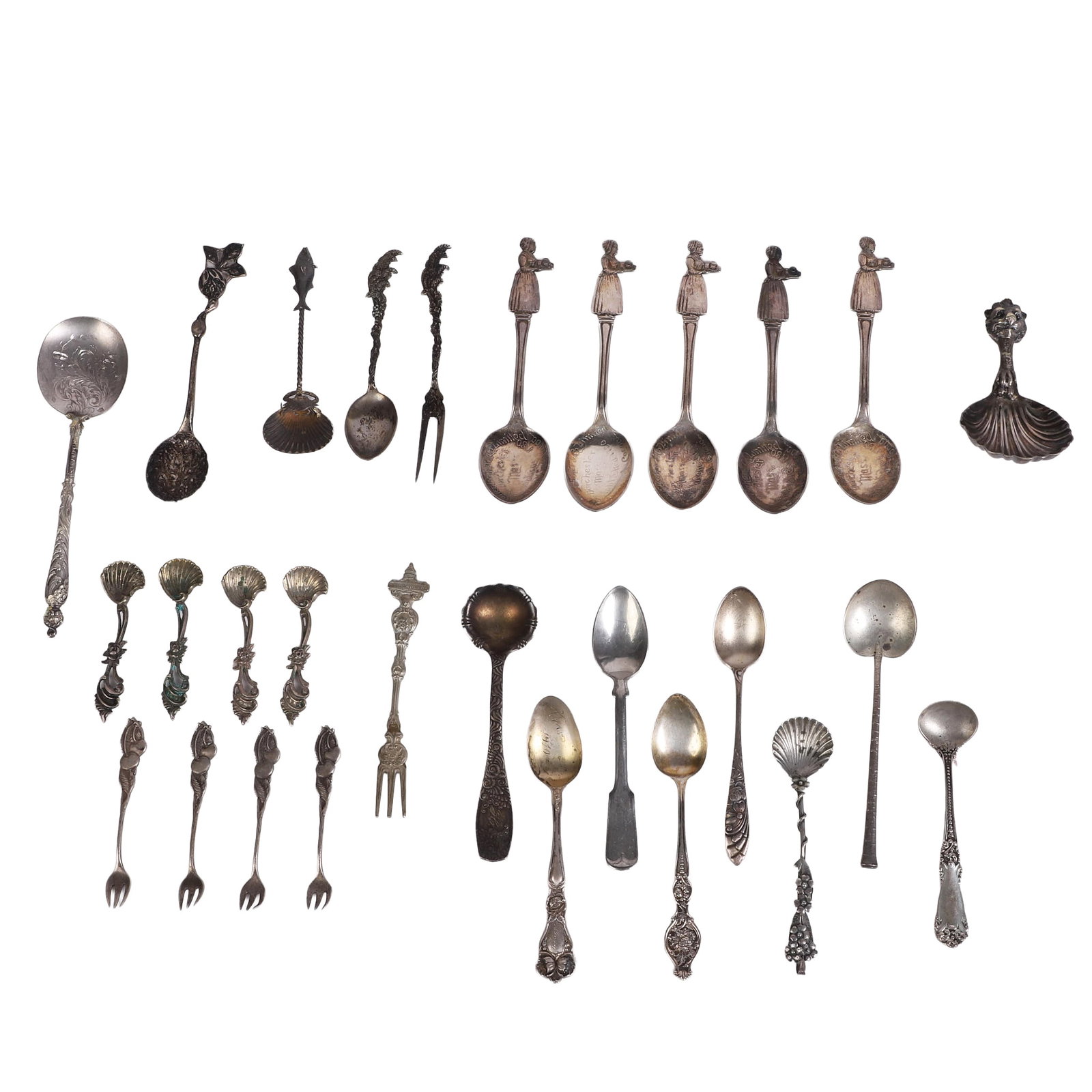 (28) Silver Condiment Spoons and Forks: (28) Silver Condiment Spoons and Forks (28) Silver condiment spoons & forks featuring sterling, coin silver & silver plate. Variety of sizes & shapes, some sets, noted makers including Towle, Tiffany 