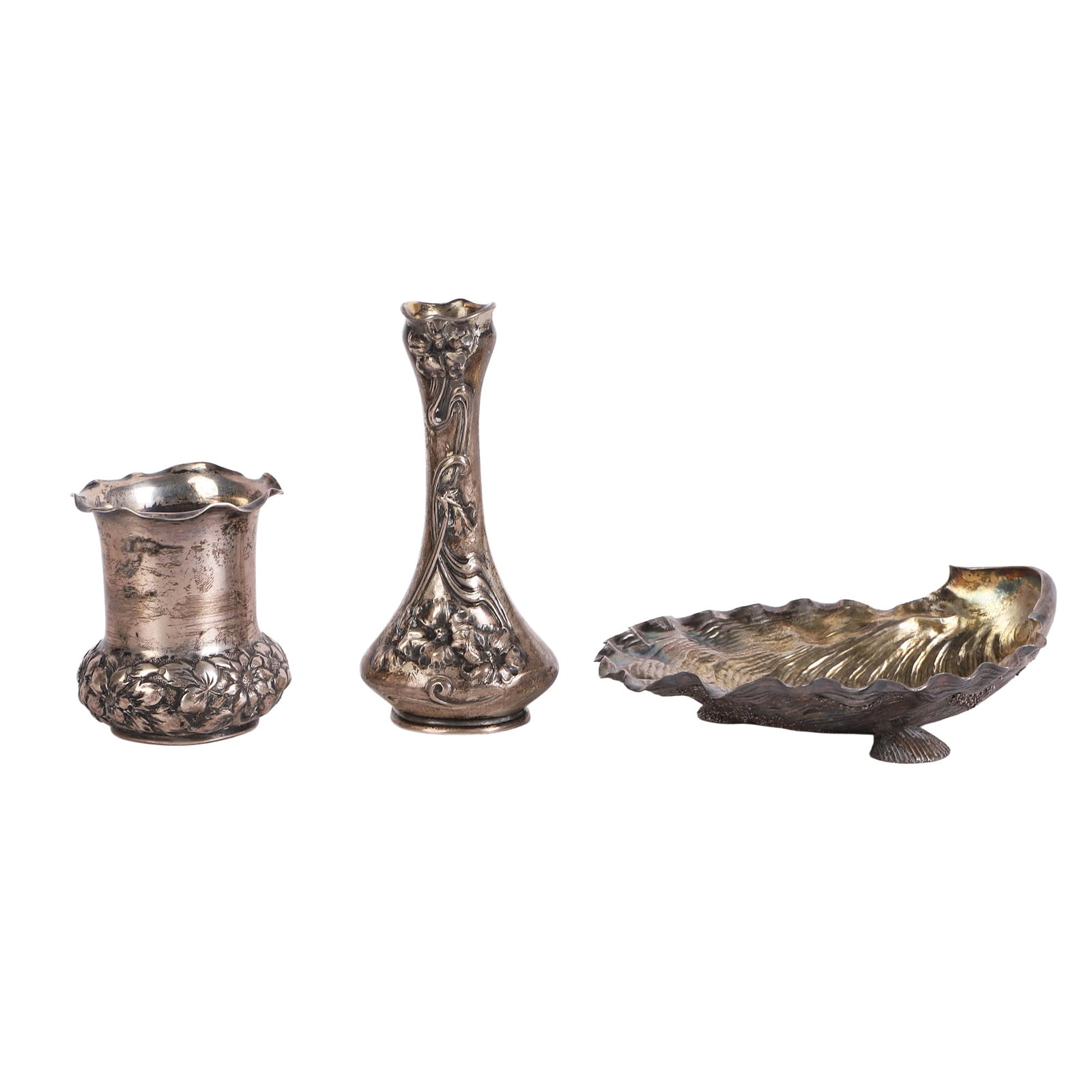 (3) Sterling Bibelots: (3) Sterling Bibelots Trio of sterling silver bibelots including a Shiebler urn form vase, a 4"H bud vase, and a 4 1/2"W Gorham shell form vase. Total 4.100 ozt.