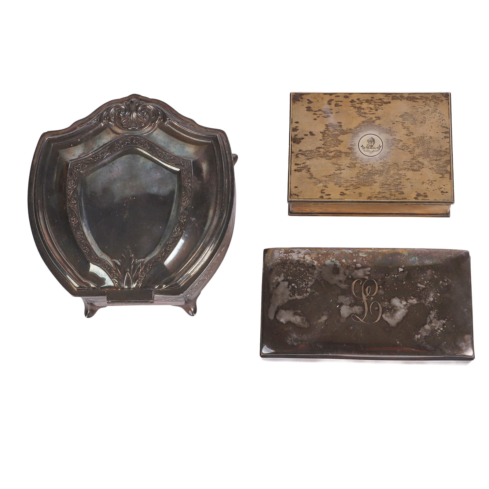 (3) Vanity Boxes: (3) Vanity Boxes (3) Vanity boxes with some silver plate, largest 2 3/4"H x 6"W x 6 1/2"L.