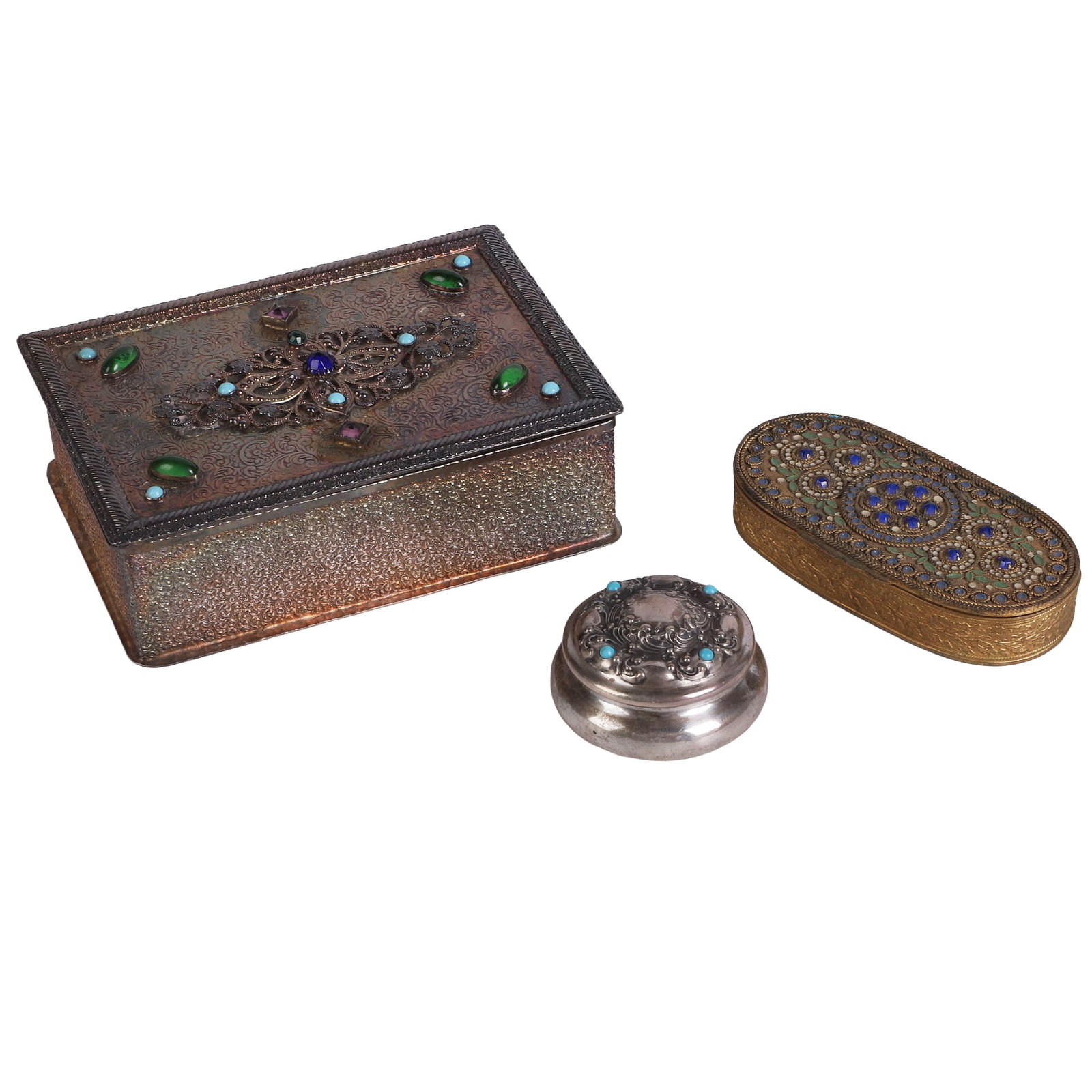 (3) Jeweled Caskets: (3) Jeweled Caskets (3) Jeweled antique casket boxes. (2) show colorful stones and intricate design work while the smallest is noted sterling silver, 0.835 ozt.