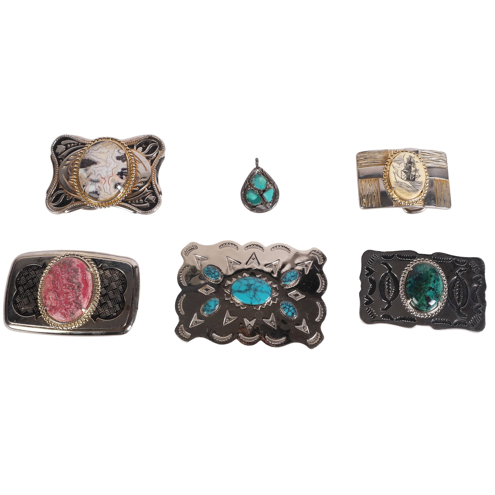 (6) Southwest Belt Buckles and Pendant Signed A Penketewa: (6) Southwest Belt Buckles and Pendant Signed A Penketewa Southwest Belt Buckles to include red jasper stone silver tone belt buckle, lace agate stone in a beaded gold tone frame buckle, dark green ma
