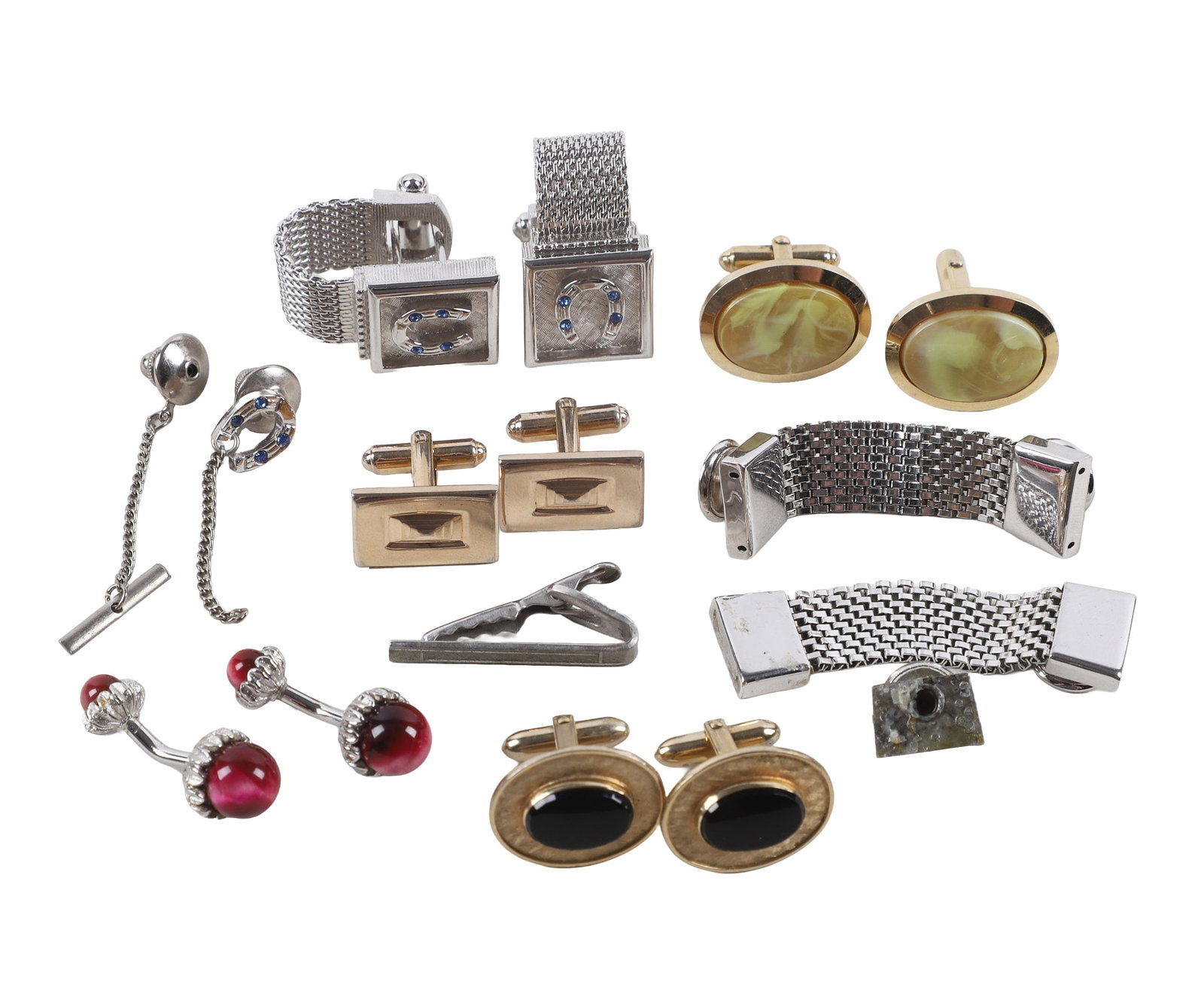 Group of Men's Cufflinks including Swank, etc.: Group of Men's Cufflinks including Swank, etc. including a set of SWANK cufflinks and tie pin with horseshoe made of blue and clear stones, together with 5 other pair of ca. 1960-1970 cufflinks and a