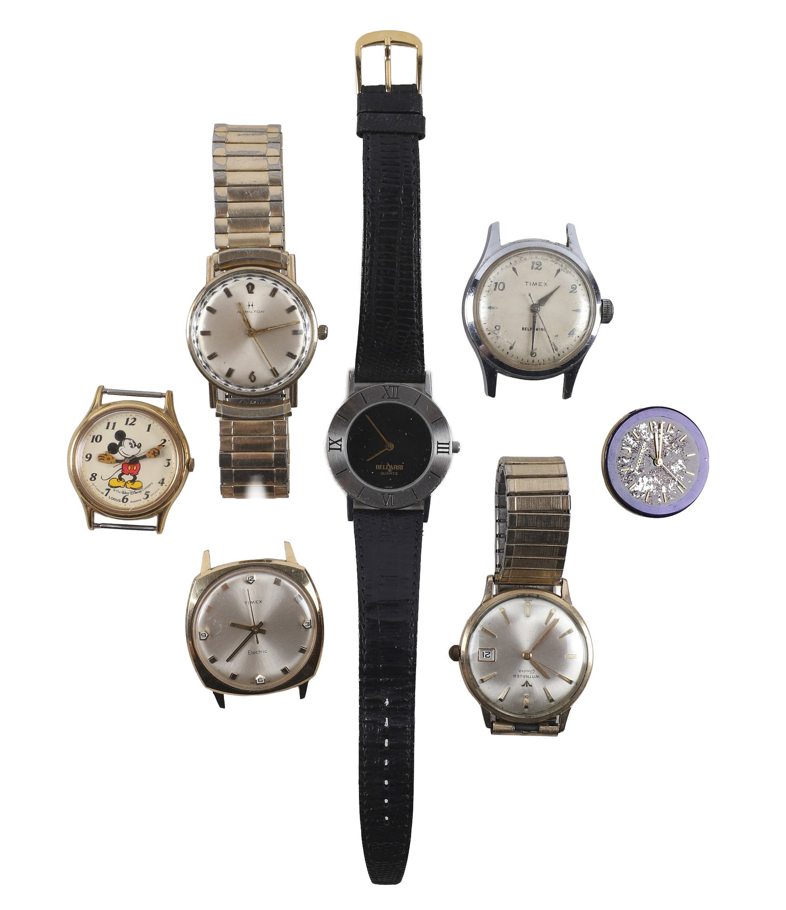 Group of Vintage Wristwatches and Watch Parts: Group of Vintage Wristwatches and Watch Parts Group of vintage wristwatches and watch components to include a Wittnauer Gen?ve wristwatch in a 10K RGP case, Hamilton wristwatch in a 10K RGP case, Bell