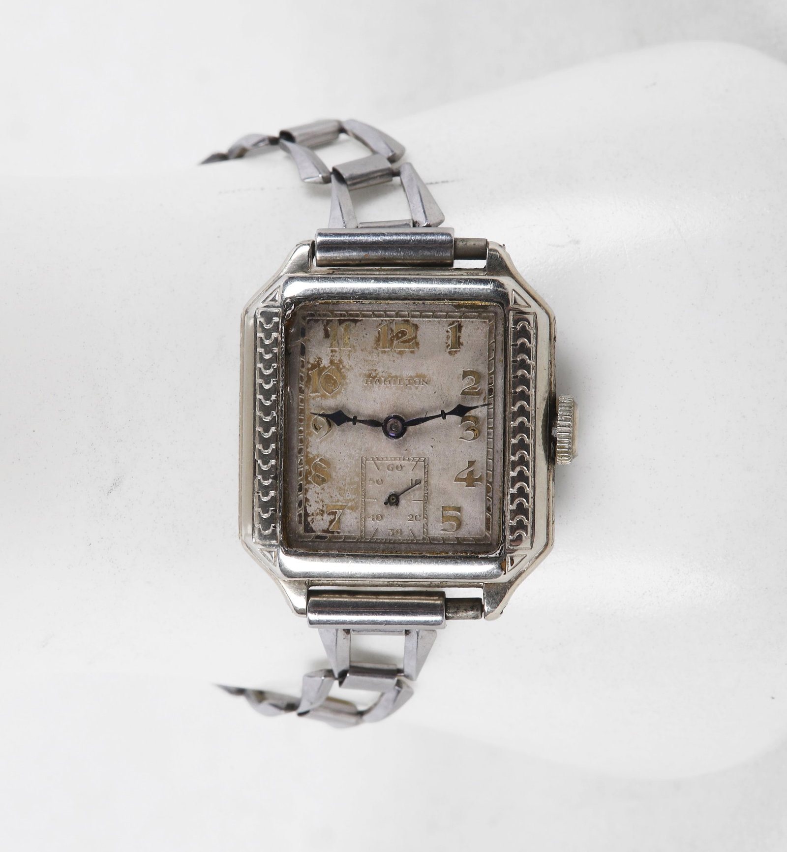 1931 Hamilton Art Deco "Square B" Wristwatch.: 1931 Hamilton Art Deco "Square B" Wristwatch. Works marked "4271732 / 987-F" in a Fahys 14K gold filled case marked "712438", open work band marked "Hadley Hadleyite Pat.I.966.063".