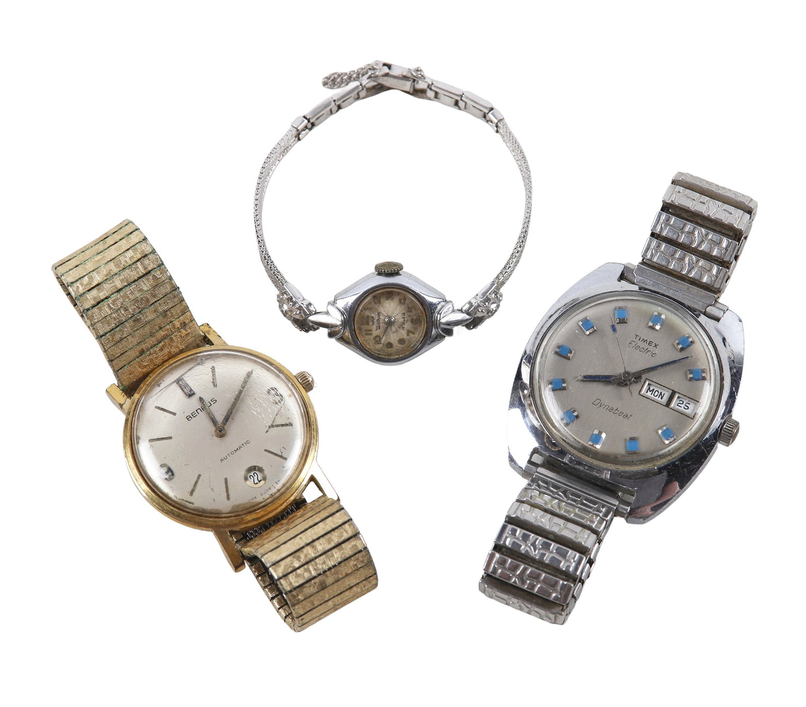 Three Men's and Ladies Wristwatches by Timex, Benrus, Waltham.: Three Men's and Ladies Wristwatches by Timex, Benrus, Waltham. Comprised of a stainless steel Timex Electric Dynabeat with silver tone dial with blue block hour markers, ca 1970s, a Benrus self-windin