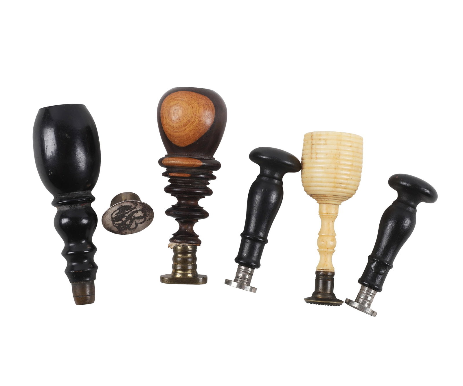 A Collection of 5 Antique Desk Wax Seal Stamps, 19th / early 20th C.: A Collection of 5 Antique Desk Wax Seal Stamps, 19th / early 20th C. The handles are comprised of turned wooden, carved bone, and metal matrices. Each handle features a unique baluster or knopped prof