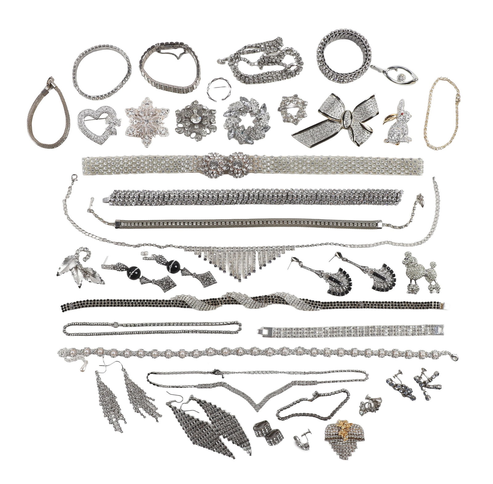 Rhinestone Jewelry Grouping: Rhinestone Jewelry Grouping Rhinestone Jewelry Grouping to include Landau Bow pin, assorted rhinestone necklaces, bracelets and drop earrings and pins