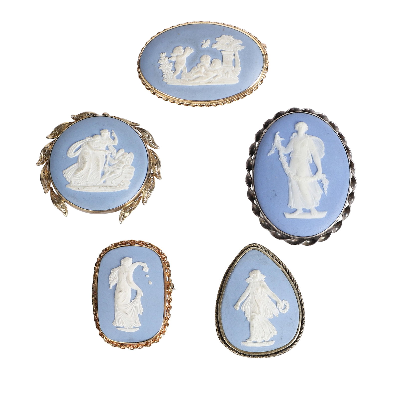 (5) Group Of Wedgewood Cameo Brooches, Birks & Blumberg Sterling: (5) Group Of Wedgewood Cameo Brooches, Birks & Blumberg Sterling Group of 5 Wedgewood blue cameo brooches, each decorated in applied white relief with classical and mythological figures and scenes, on