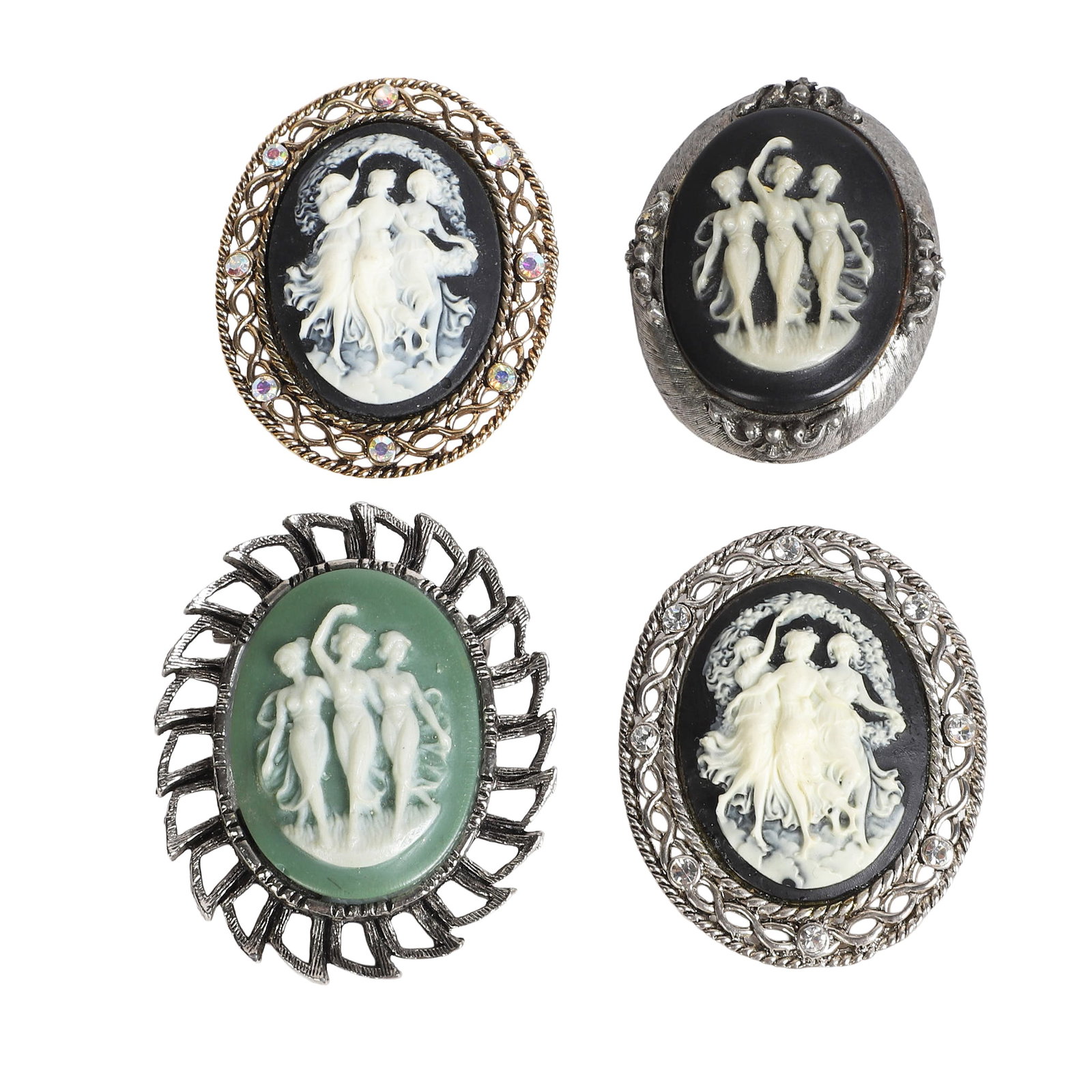 (4) Group Of Vintage Three Graces Cameo Brooches: (4) Group Of Vintage Three Graces Cameo Brooches Group of 4 vintage cameo brooches, each featuring a Three Graces motif with raised figures against black and green backgrounds, silver and gold tone