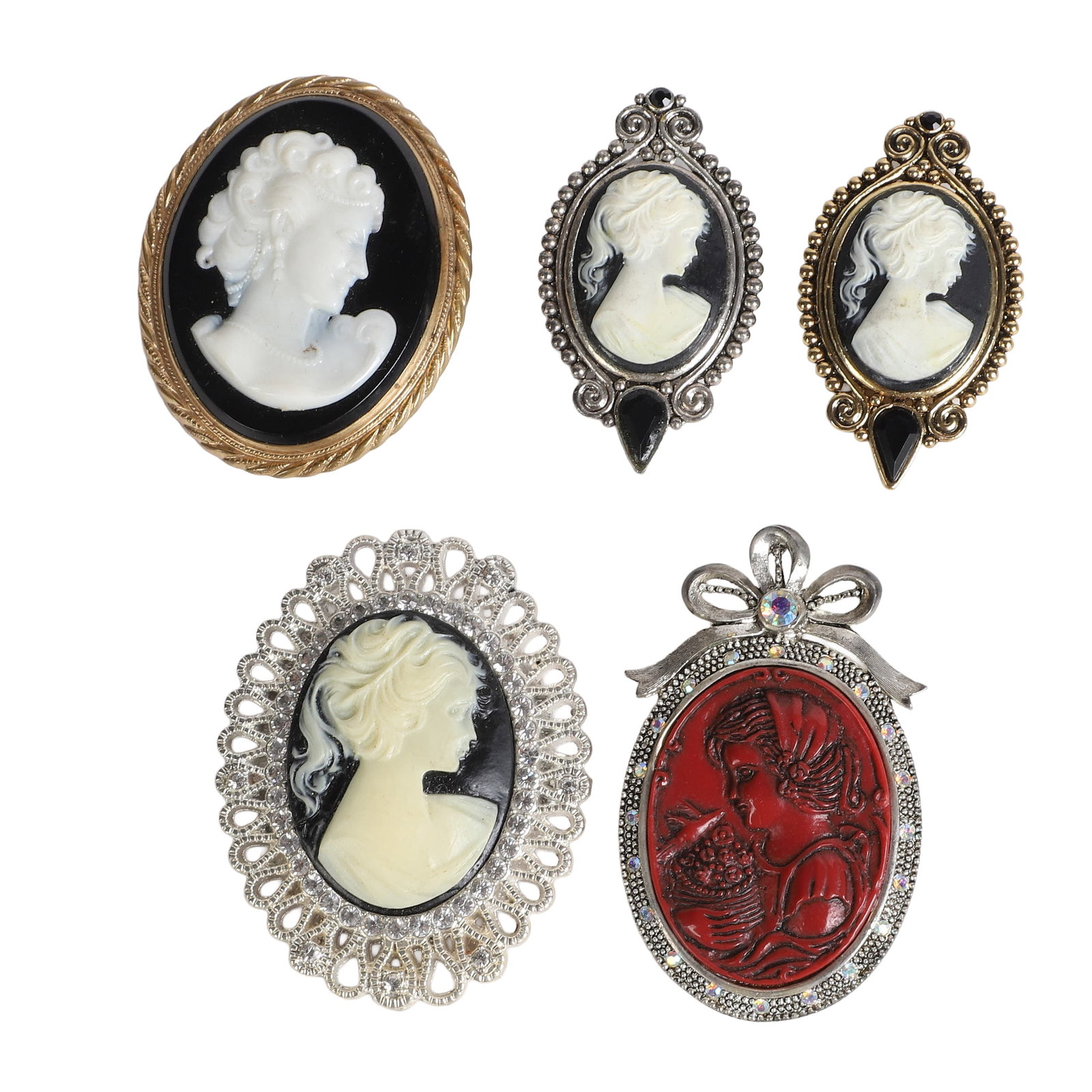 (5) Group Of Vintage Cameo Brooches: (5) Group Of Vintage Cameo Brooches Group of 5 vintage cameo and cameo style brooches featuring female profile and figural motifs, assorted gold tone and silver tone settings with 4 with a black backg