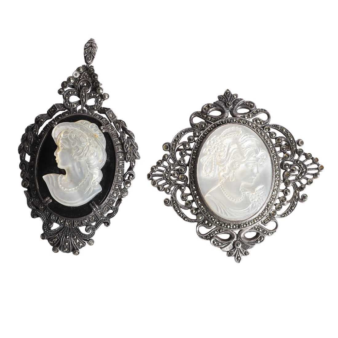 Pr Of Vintage Cameo Marcasite Brooches, One Sterling Silver: Pr Of Vintage Cameo Marcasite Brooches, One Sterling Silver Pair of vintage cameo brooches featuring classical female profile portraits with ornate openwork setting accented with marcasites, one brooc