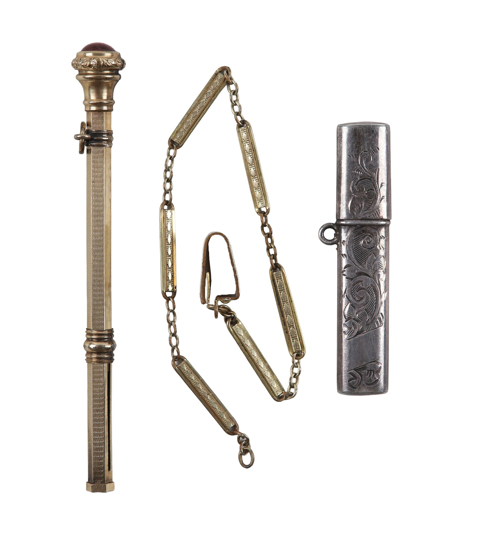 Antique Victorian or Edwardian Chatelaine Pencil and Needle Case.: Antique Victorian or Edwardian Chatelaine Pencil and Needle Case. Comprised of an Edwardian sterling silver needle case marked FW (likely Francis Webb, Birmingham, ca. 1902) and a Victorian-era gold m