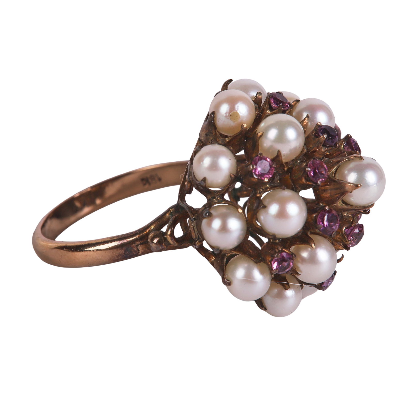18K Yellow Gold Ruby and Pearl Cluster Ring: 18K Yellow Gold Ruby and Pearl Cluster Ring 18K Yellow Gold Cluster Ring with seed peals and ruby in a domed cluster design, size 7 1/2, 4.2 dwt