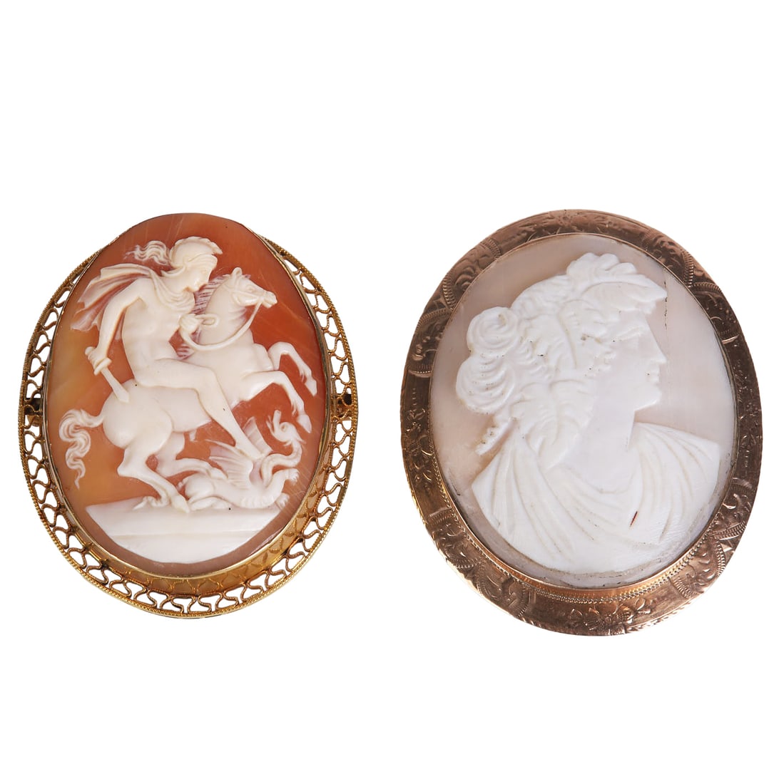(2) Carved Shell Cameo Brooches, One Marked 10 K: (2) Carved Shell Cameo Brooches, One Marked 10 K Group of 2 carved shell cameo brooches to include one of St George slaying the dragon in a gold tone frame along with a female profile in an engraved