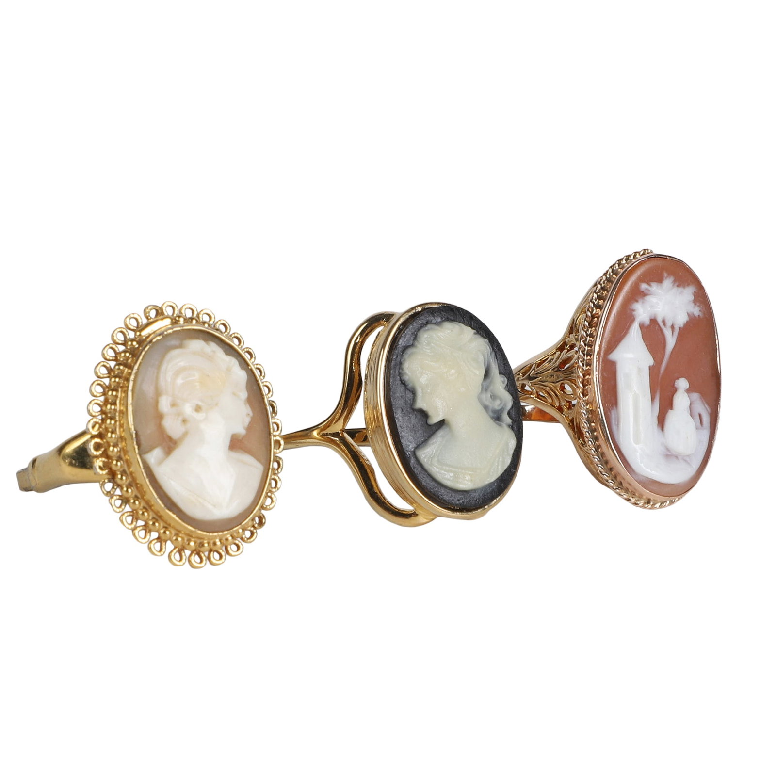 (3) Group of Vintage Cameo Ring, including one 14 K: (3) Group of Vintage Cameo Ring, including one 14 K Group of 3 vintage cameo rings including black and white female profile cameo ring marked 18 KGE, 14 K ring set in oval carved shell cameo