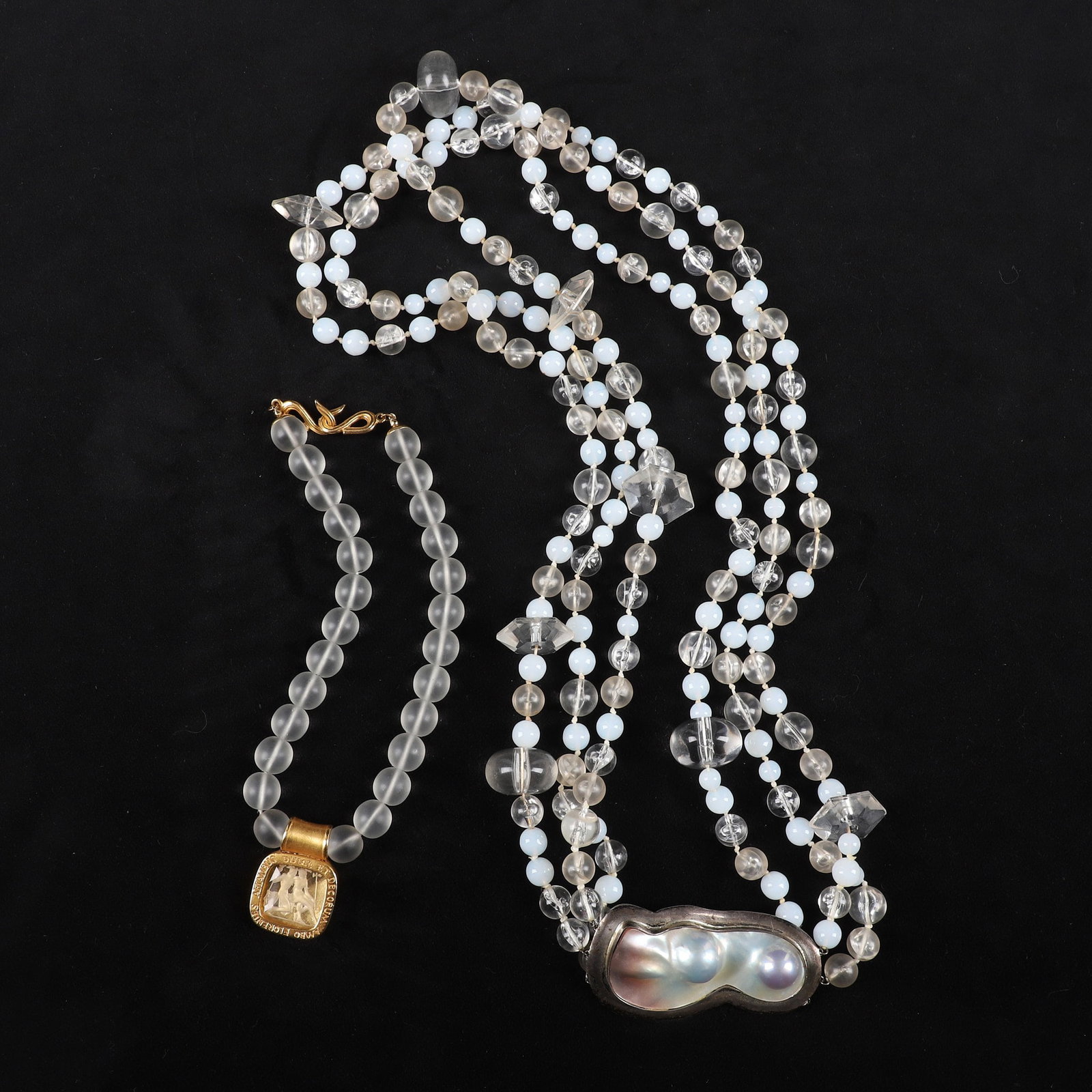 (2) Prevost & Glass Statement Necklace: (2) Prevost & Glass Statement Necklace Group of two statement necklaces to include a Prevost necklace with frosted glass beads with a gold tone intaglio with inscription around medallion: AEIATIUS DUL