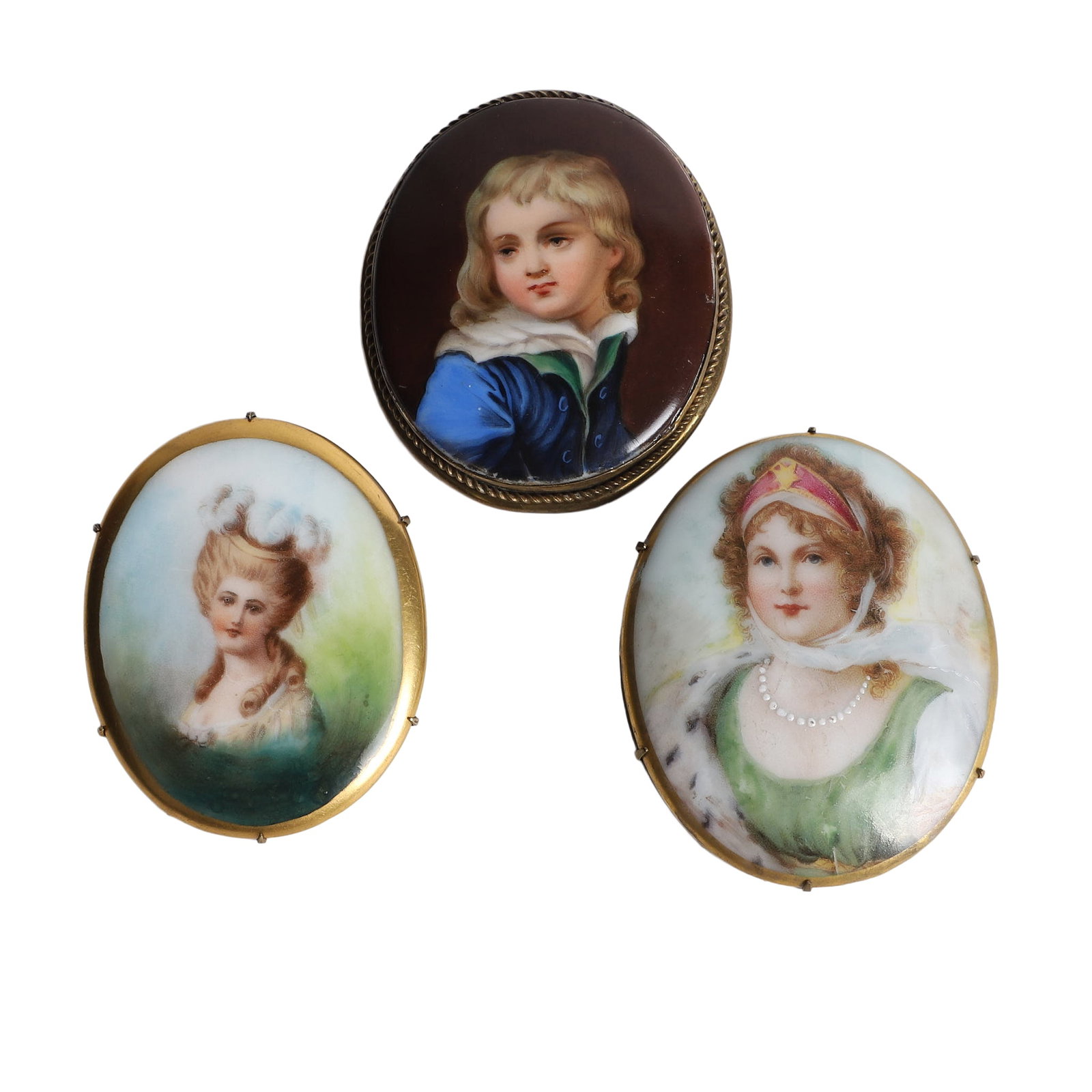 (3) Hand-Painted Porcelain Brooches: (3) Hand-Painted Porcelain Brooches Three Late 19th to Early 20th C. Hand-Painted portrait brooches to include a portrait depicting Queen Louise Of Prussia, portrait of a blonde woman in blue and gree