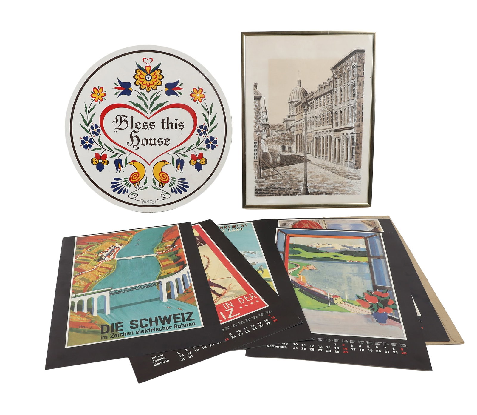 Lazo Lithograph, Offset Litho Calendar, Hex Sign: Lazo Lithograph, Offset Litho Calendar, Hex Sign 1) 'Rue St. Paul - Marche Bonsecours - Montreal' framed lithograph signed 'Lazo', 10 1/4" x 13 3/4" sight, 12 1/2" x 16 1/2" frame. 2) (11) 11 5/8" x 1