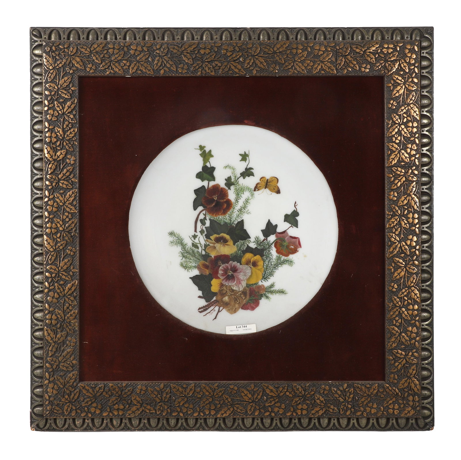 Antique Inset Porcelain Plate: Antique Inset Porcelain Plate Antique inset porcelain plate with hand painted floral designs in intricately decorated frame, signed 'Jones'. Sight: 12" x 12", Frame: 23 1/4" x 23 1/4".