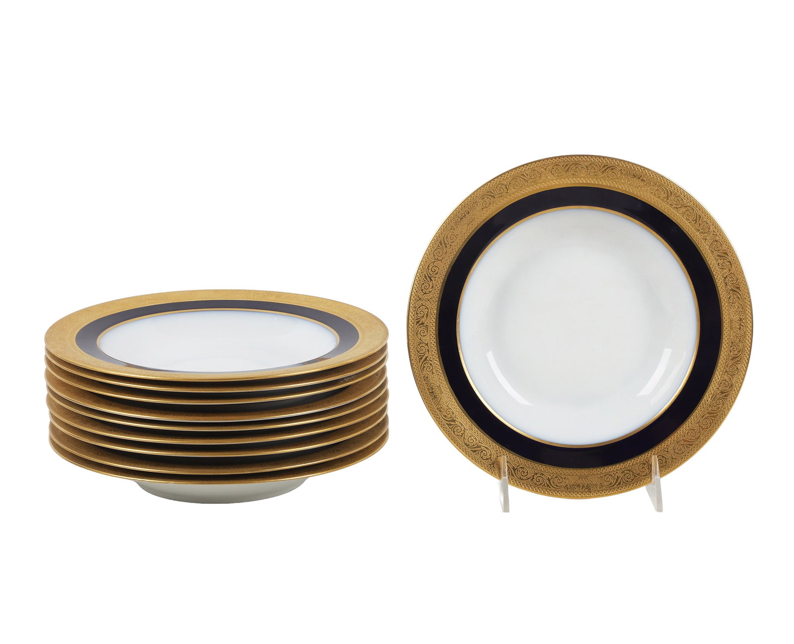 (10) Hutschenreuther Cobalt & Gold Bowls: (10) Hutschenreuther Cobalt & Gold Bowls (10) Hutschenreuther cobalt & gold rim shallow bowls, marked on bottom "Royal Bavarian" with makers mark and impressed "2308", 8 1/2"W.