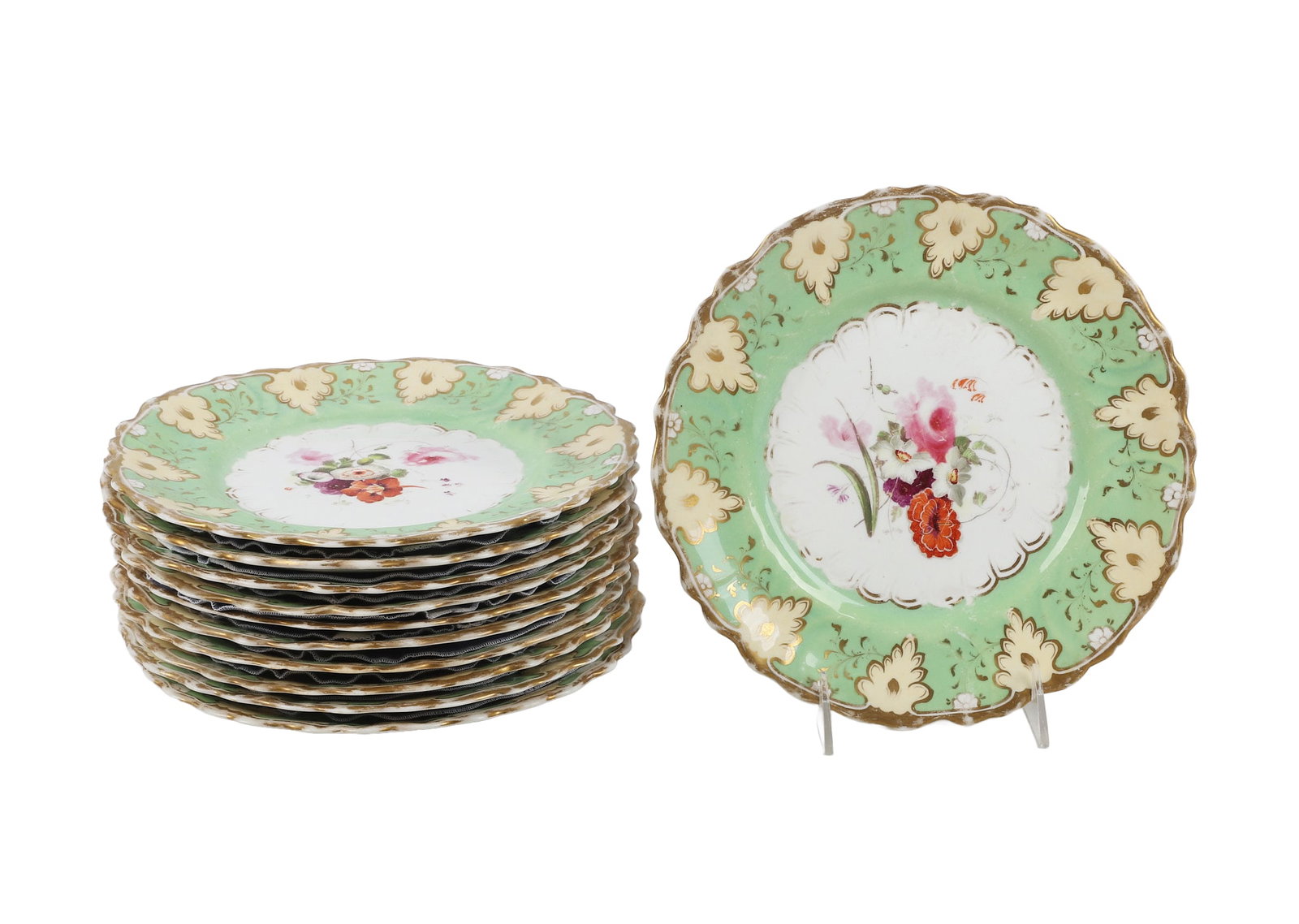 (11) Victorian J. Green & Sons Floral Porcelain Plates: (11) Victorian J. Green & Sons Floral Porcelain Plates (11) Victorian era porcelain plates decorated with center florals bordered in green with lightly scalloped edges and gilt trim. Marked