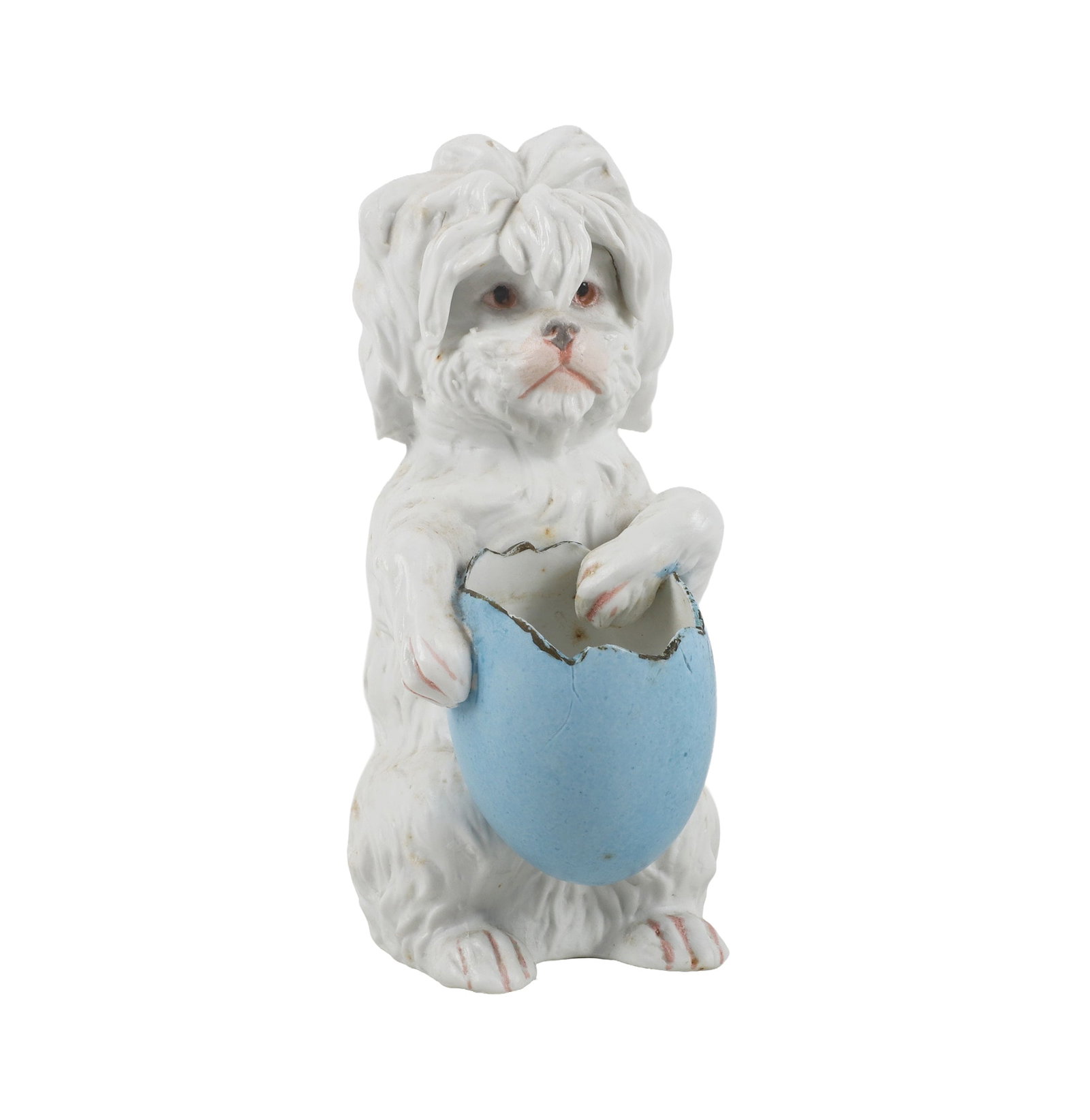 Heubach Bisque Maltese Easter Dog: Heubach Bisque Maltese Easter Dog Heubach style bisque figural Maltese dog with a blue Easter egg, mark "made in Germany" on base. 6 3/8'H