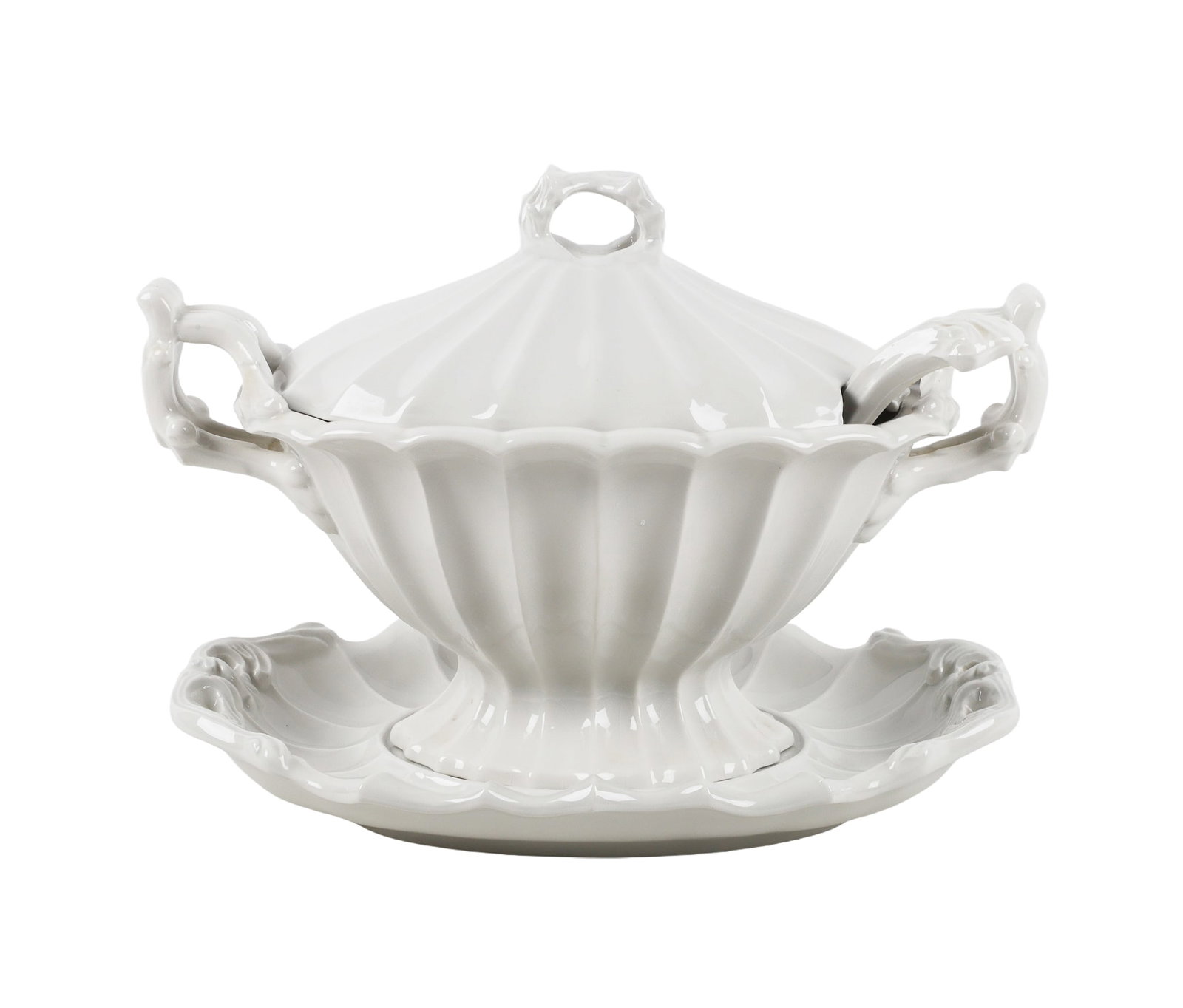 Redcliff Ironstone All-White Tureen: Redcliff Ironstone All-White Tureen Redcliff Ironstone all-white tureen with knotted branch motif handles with ladle. 16"W x 10 1/2"L x 12'H