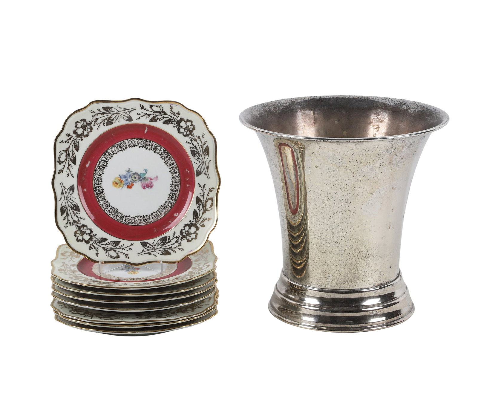 (8) Schumann Bavarian Dessert Plates & Champagne Chiller: (8) Schumann Bavarian Dessert Plates & Champagne Chiller Set of 8 Schumann Bavarian porcelain pink & gold dessert plates in square form, 8" W. Together with a silver plated champagne chiller, 9 3/4"H