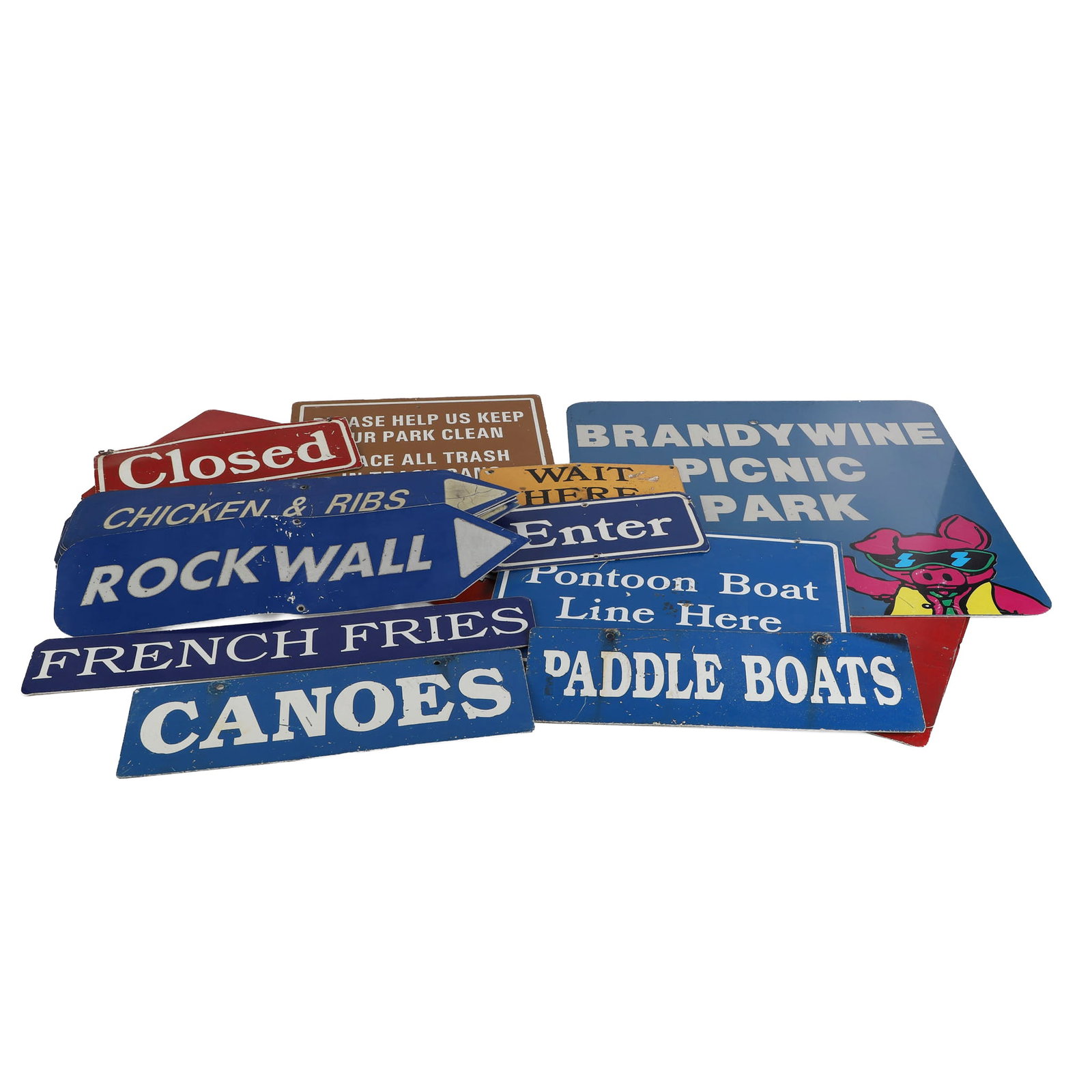 Original Brandywine Park Signs: Original Brandywine Park Signs (24) Original metal signs from local Brandywine Picnic Park. Includes (10) 24"L x 6"H directional signs provided with an advertisement showing the signs as they were,