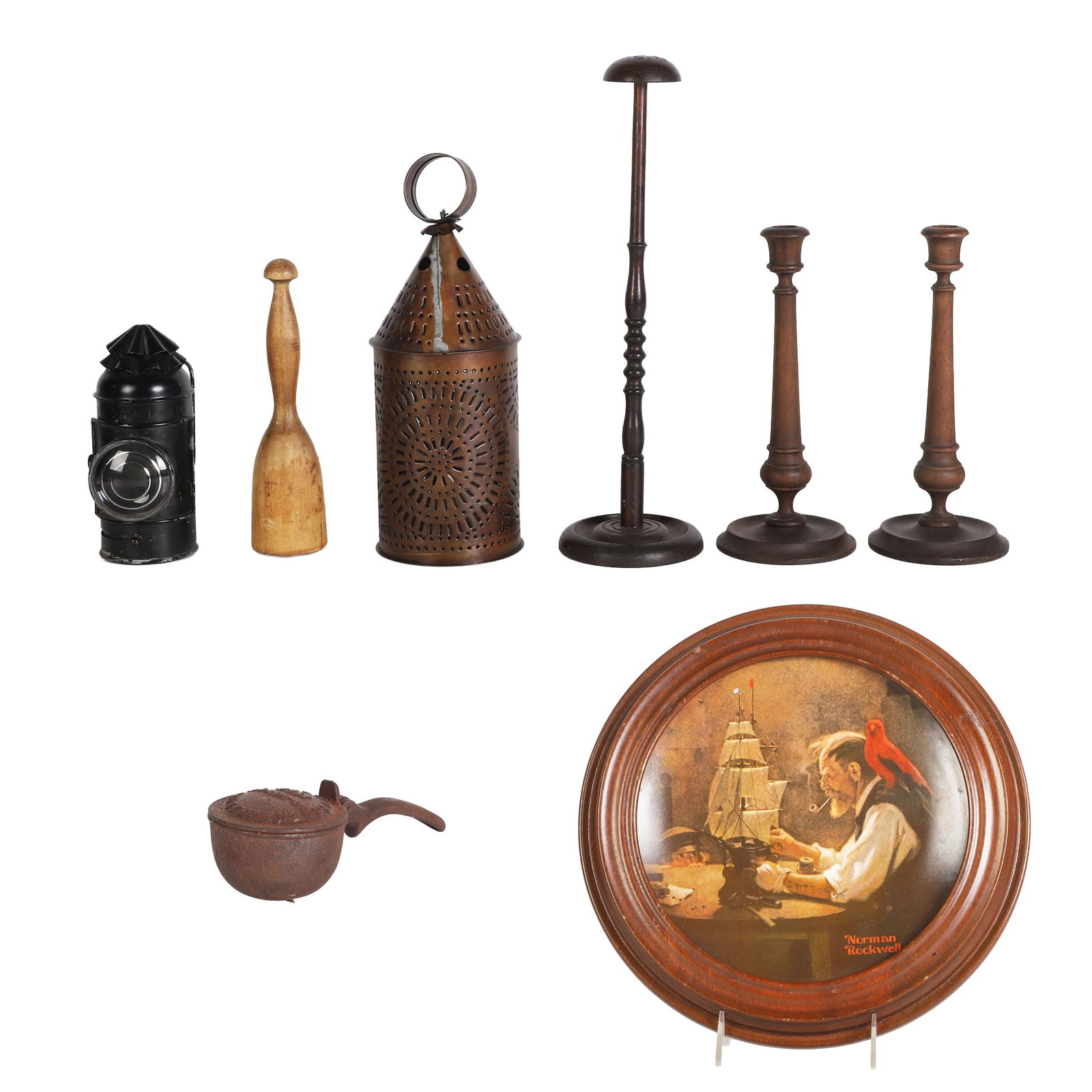 (8) Rustic Decoratives Lot: (8) Rustic Decoratives Lot Rustic decorative lot including an 8"L cast iron ice shaver, 15" copper lantern, 8 3/4"H boat signal lantern, 11 1/4"W framed Normal Rockwell decorative plate & more.