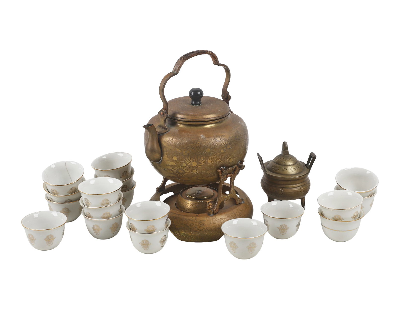 Three-Piece Brass Teapot, Incense & Teacups: Three-Piece Brass Teapot, Incense & Teacups 1) 8 1/4"H three-piece brass teapot with stand and burner. 2) 4 1/2"H brass incense burner. 3) (18) teacups with Hamsa design, some with evidence of