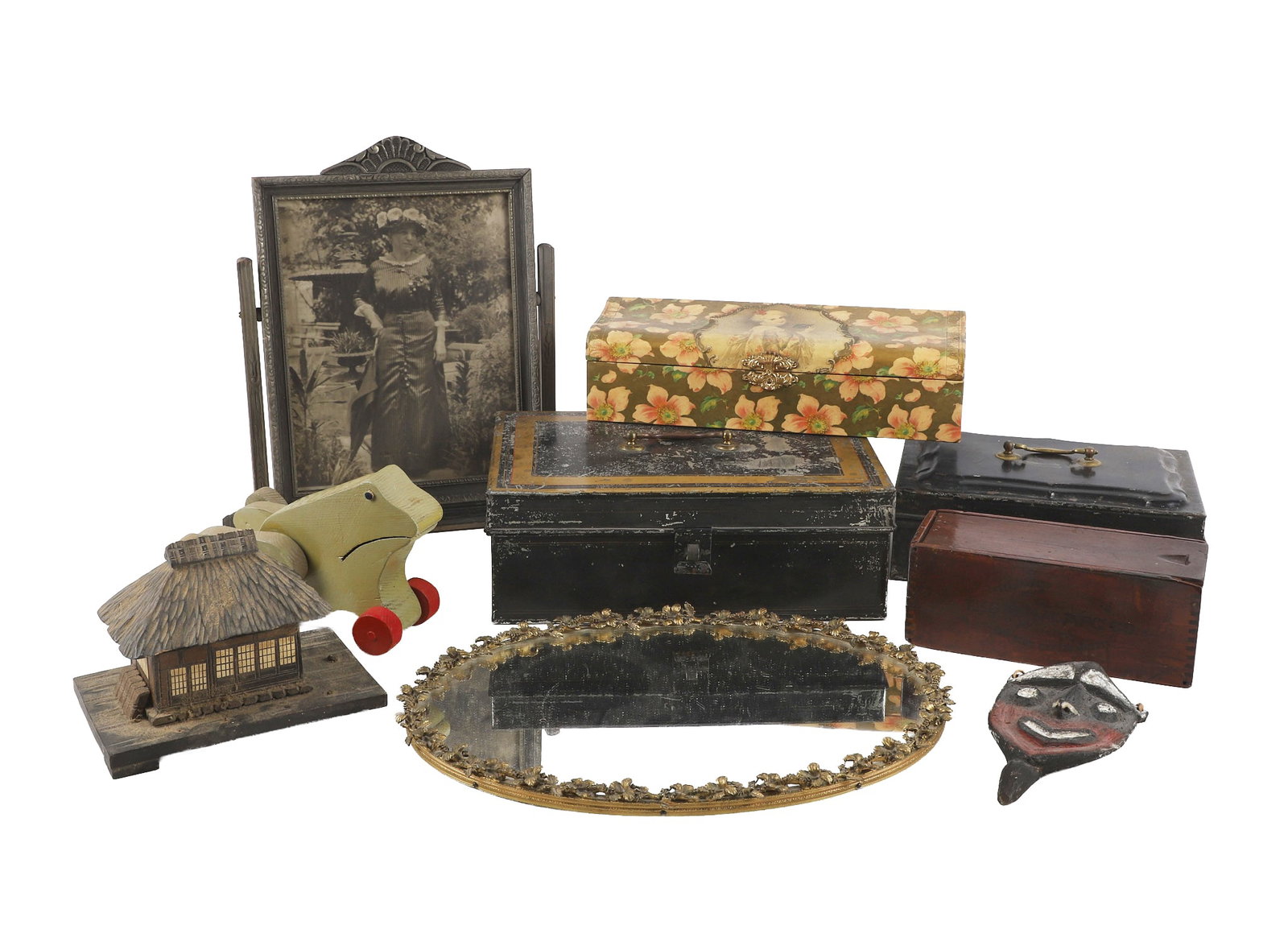 (9) Group of Tole Spice Box, Misc. Vanity Items & More: (9) Group of Tole Spice Box, Misc. Vanity Items & More (9) Eclectic group antiques lot to include: 1) Painted Tole Spice Box with six hand labeled spice canisters, many still with their contents, 9 1/
