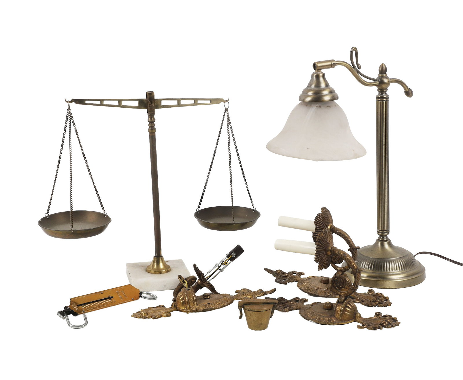 Vintage Scales & Lighting: Vintage Scales & Lighting 1) 18 1/4"H x 13'L table lamp with marbled glass shade, shade loose in fixture. 2) 15 1/4"H x 17"W apothecary scale w/ antique brass nest of weights. 3) German 'pocket