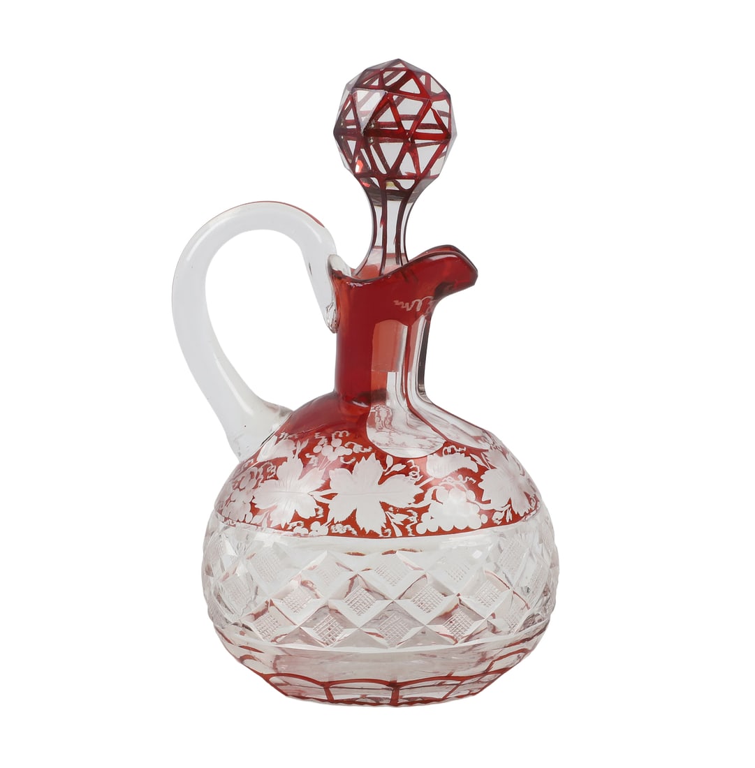 Bohemian Crystal Ruby Decanter: Bohemian Crystal Ruby Decanter 6 3/4"H Bohemian style cut glass ruby flash decanter decorated in grapes & wine leaves with an eye-catching geometric stopper.