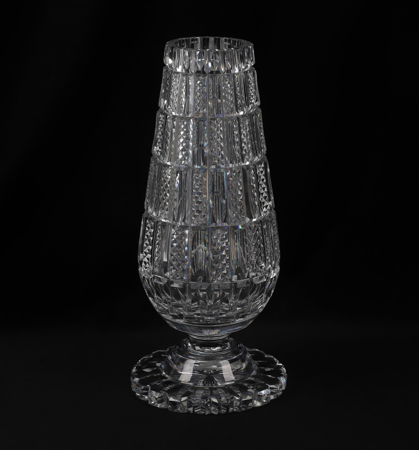 Waterford Crystal Vase: Waterford Crystal Vase Waterford cut crystal vase on footed baser with alternating checkered design. 14 1/2"H x 6 1/2'W