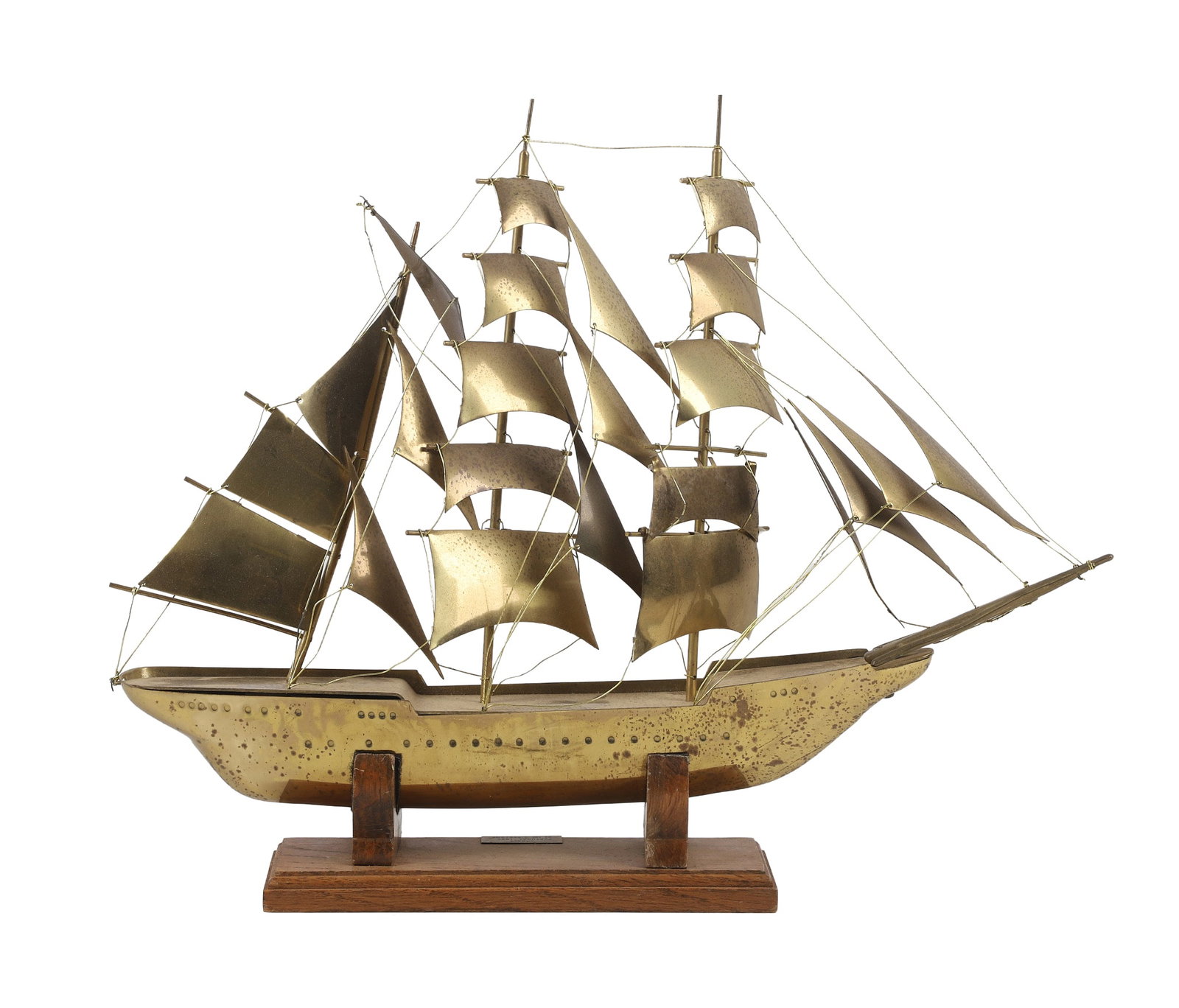 NRP Sagres Copper Ship Model: NRP Sagres Copper Ship Model Copper model of the 1937 NRP 'Sagres', a Portuguese ship. Sits on labeled wooden base, 15 1/4"H x 19"L x 3"W