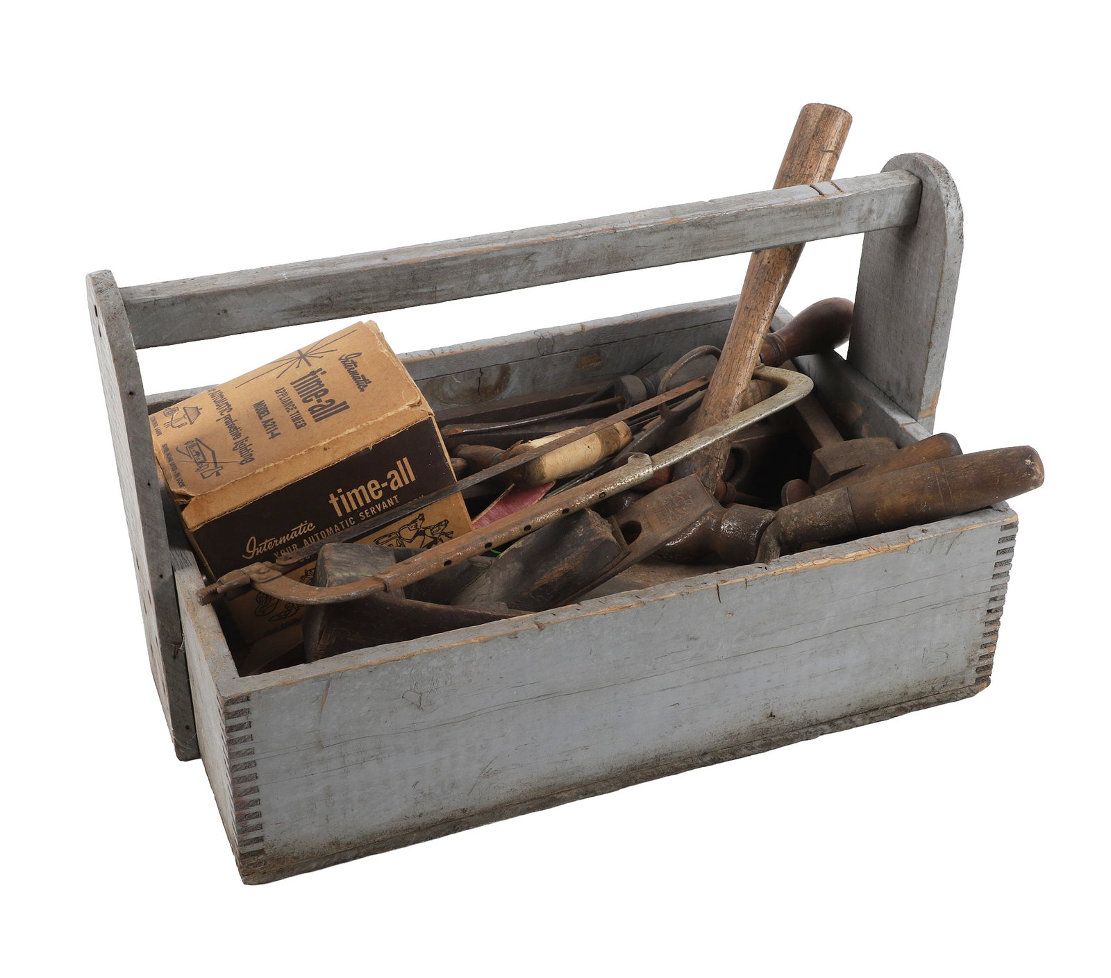 Vintage & Antique Tools w/ Box: Vintage & Antique Tools w/ Box Variety of tools including screwdrivers, saws, trowels, hammers, files & more. All in blue 10 1/2"H x 12 1/2"W x 19 1/4"D dovetailed tool box. Also includes an in-box Ti