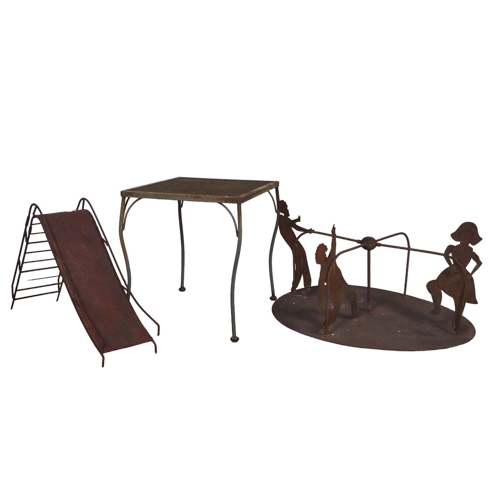 (3) Folk Art Iron Lot with 2 Playground Sculptures: (3) Folk Art Iron Lot with 2 Playground Sculptures (3) Folk Art Iron Lot to include 2 playground sculptures of a merry-go-round with silhouetted figures of children and a slide, together with a Salter