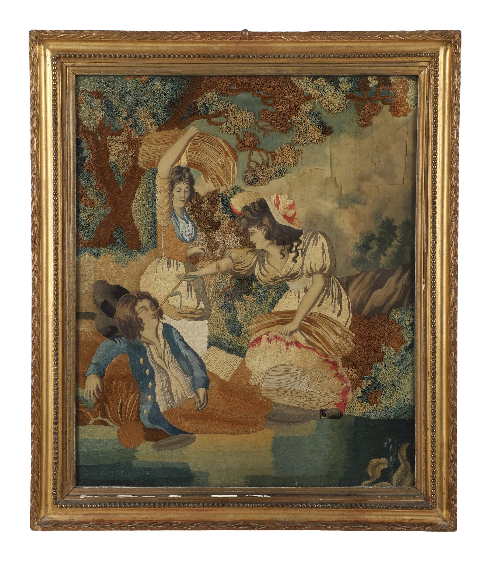 Antique Early 19th C Needlework Vignette: Antique Early 19th C Needlework Vignette English style silk floss embroidered panel. Flirty pastoral scene. Framed under glass in gesso over wood frame. Size: 17.5" H x 14.5" W, sight, 21" H x 18" W, 
