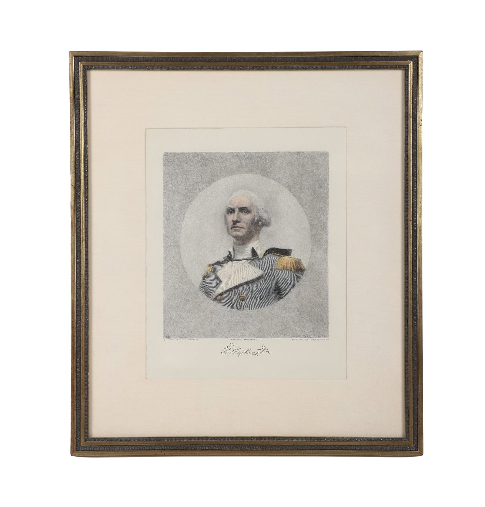Colored Engraving, George Washington, T. Cole: Colored Engraving, George Washington, T. Cole After Timothy Cole and W.S. Conrow. Published 1932. Size - sight: 14.5" H x 11.5" W; frame: 23' H x 20" W