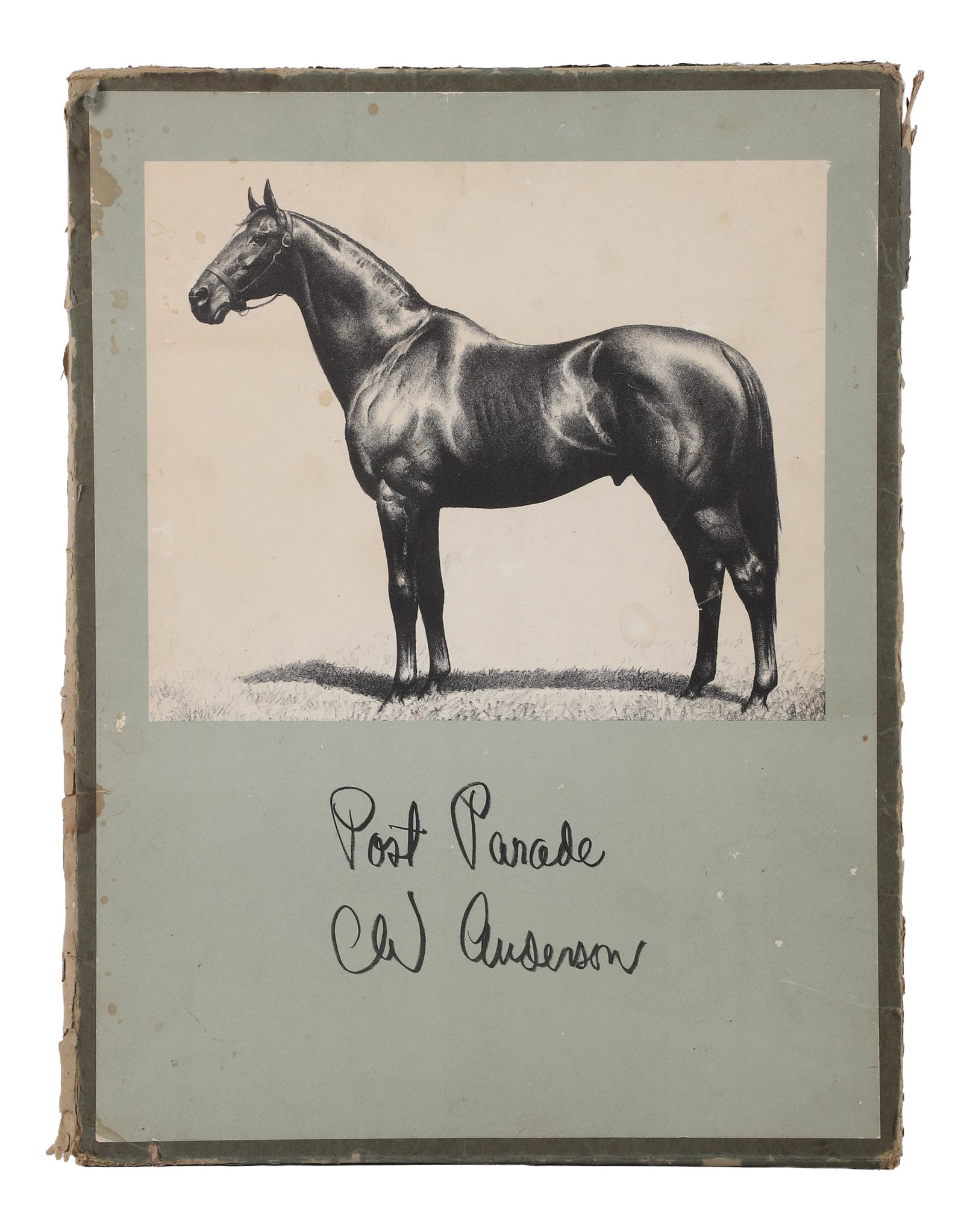 C.W. Anderson 'Post Parade' Thoroughbred Portfolio: C.W. Anderson 'Post Parade' Thoroughbred Portfolio C.W. Anderson 'Post Parade' thoroughbred portfolio with (12) prints plus a chart, each 15 3/4" x 12". Worn exterior portfolio.