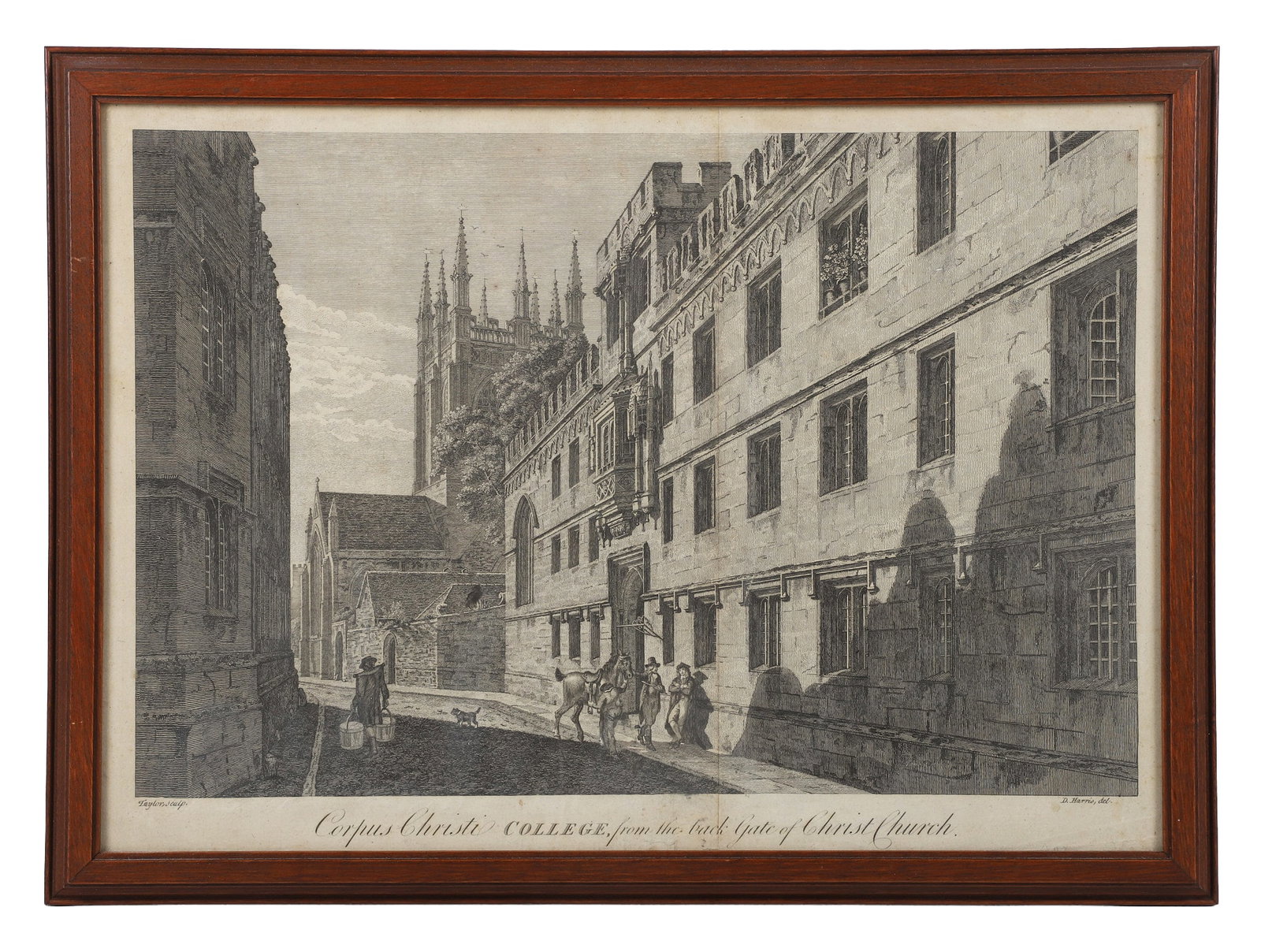 Antique Etching of Corpus Christi College, 19th C.: Antique Etching of Corpus Christi College, 19th C. Antique etching 'Corpus Christi College, from the back Gate of Christ Church', at Cambridge University. Taylor, Sculp, D. Harris. 18 1/2" x 13" sight
