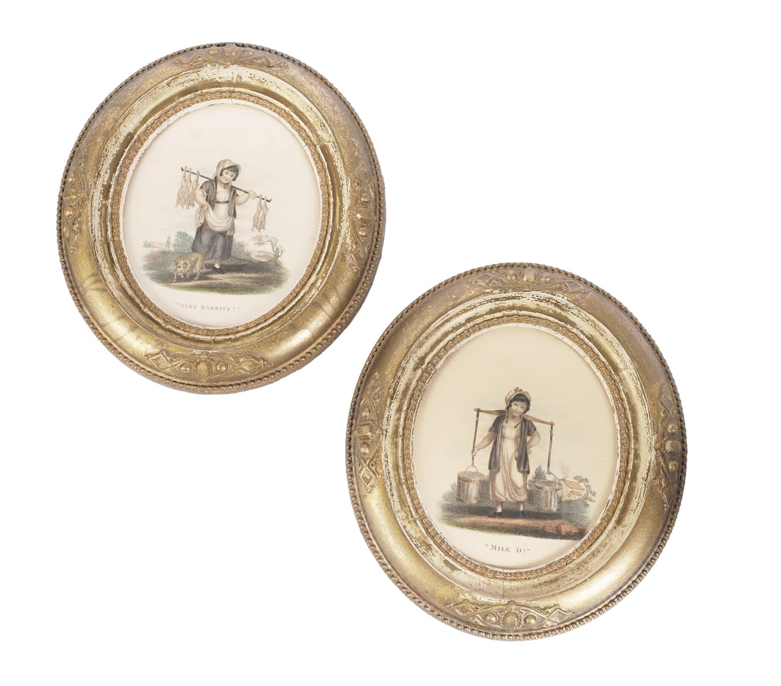(2) Victorian 'Cries of London' Prints: (2) Victorian 'Cries of London' Prints Pair of Victorian 'Cries of London' prints including a young child peddling milk with another shouldering a row of rabbits, 5" x 5 7/8" sight. Oval frames 8