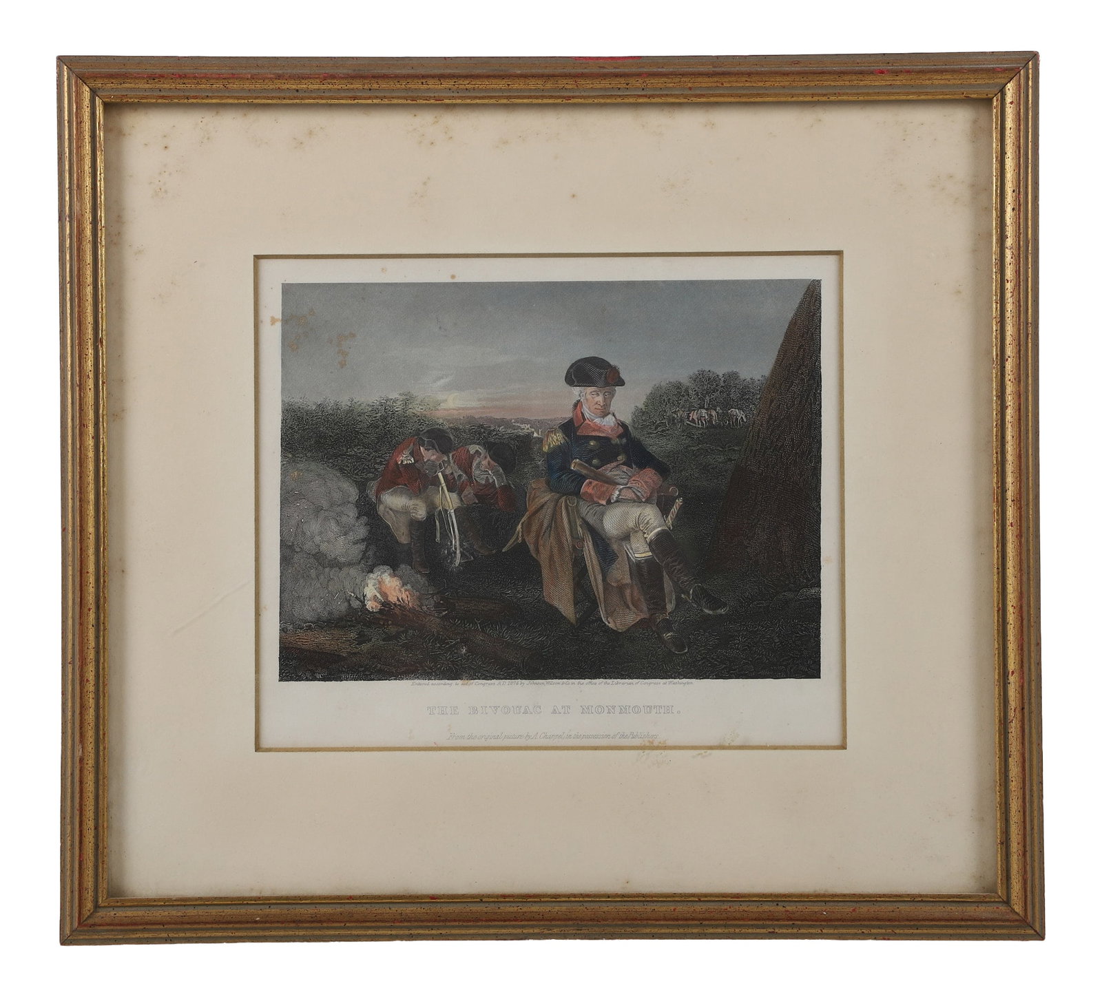After Chappel, The Bivouac at Monmouth: After Chappel, The Bivouac at Monmouth Antique 19th C chromolithograph, engraved and published 1874 by Johnson, Wilson and Co. A solemn and contemplative scene of George Washington among the tired
