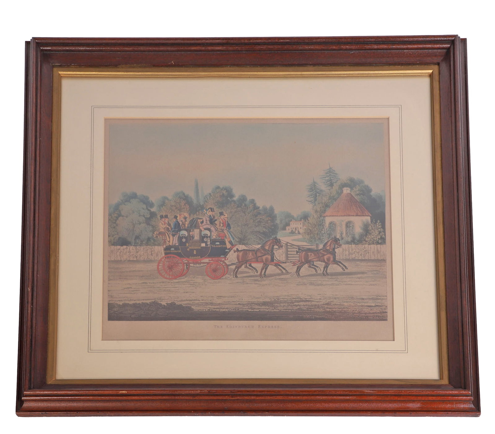 After J. Pollard, Edinburgh Express Chromolithograph: After J. Pollard, Edinburgh Express Chromolithograph A lithograph depicting a 19th C. Coach and Four as early mass transit. Size: 25,5" H x 28.75" W, frame, 15.25" H x 18.5" W, sight.