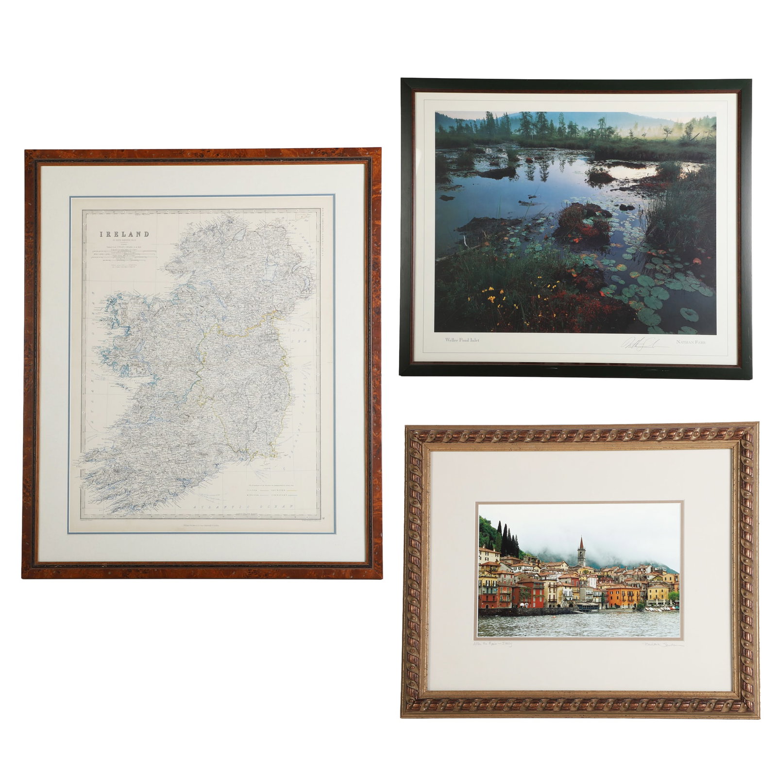 (3) Decorative Framed Works - Map, Photograph, Lithograph.: (3) Decorative Framed Works - Map, Photograph, Lithograph. Consisting of a terrestrial map of Ireland engraved and printed by W & A.K. Johnston, Edinburgh; a coastal photo of an Italian harbor town; a