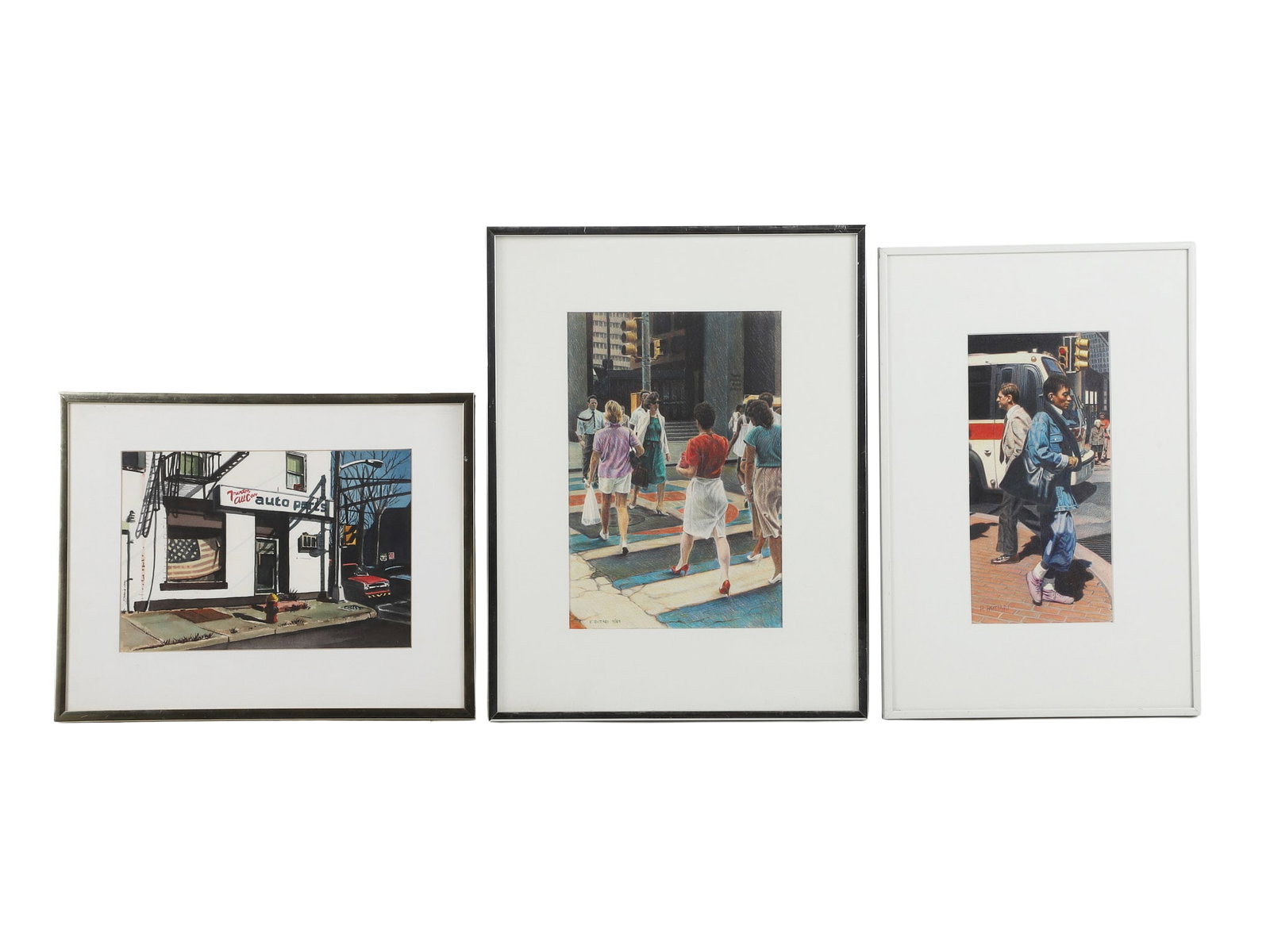 (3) Photorealist Regionalism Landscapes, Late 20th C.: (3) Photorealist Regionalism Landscapes, Late 20th C. Consisting of (2) candid cityscapes in colored pencil on paper by Rick Buttari and a plein air watercolor of a corner store in Trenton, NJ. All ar