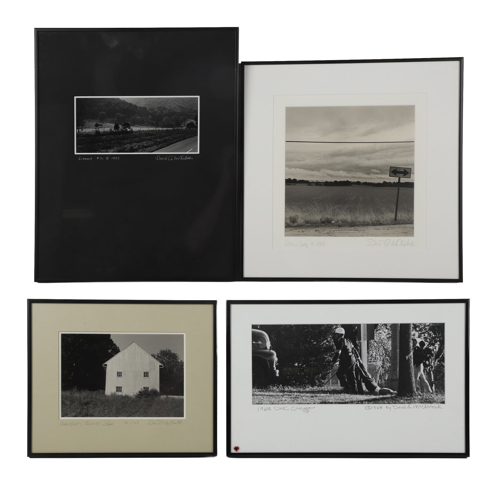 David A. McClintock, (4) Photographic Works: David A. McClintock, (4) Photographic Works David McClintock (Arden, DE): A black and white photograph, Margaret's Favorite Barn, 1968, a signed black and white photograph at the1968 DNC, Chicago, a b